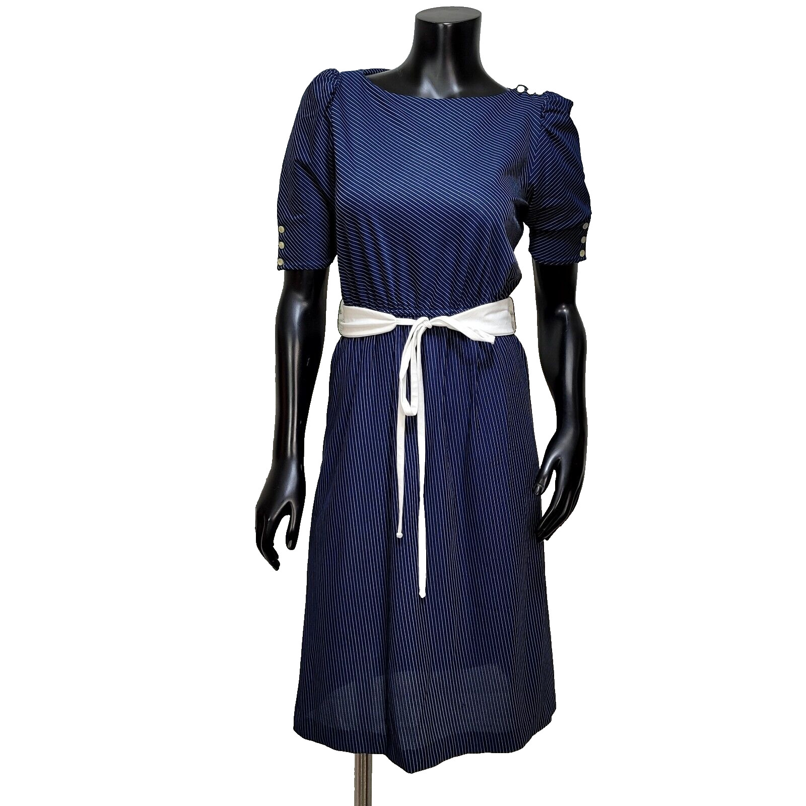 Vintage 70s Sally Lou Womens S Half Sleeve Semi Sheer Navy Striped Day Dress