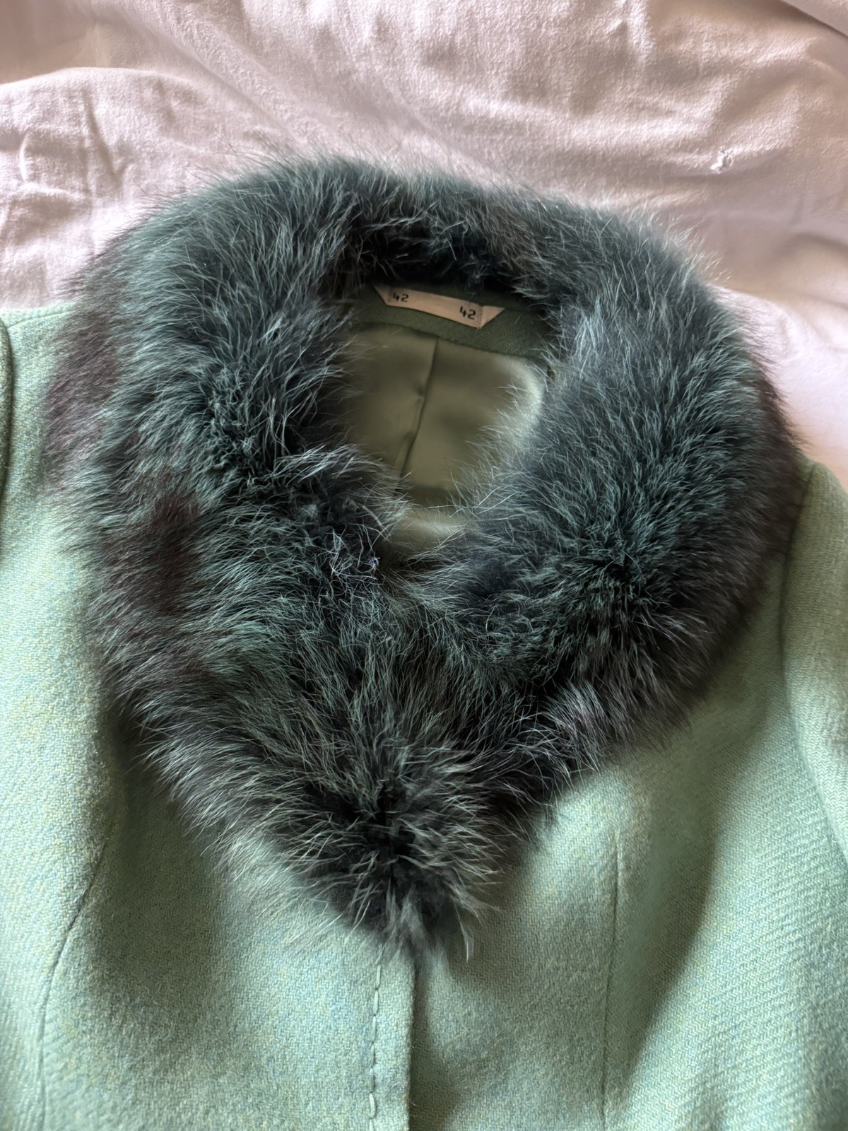 Vintage 1970s Canda Couture Pure Wool Skirt Suit Aqua Fur Collar Belted Sz 10/12