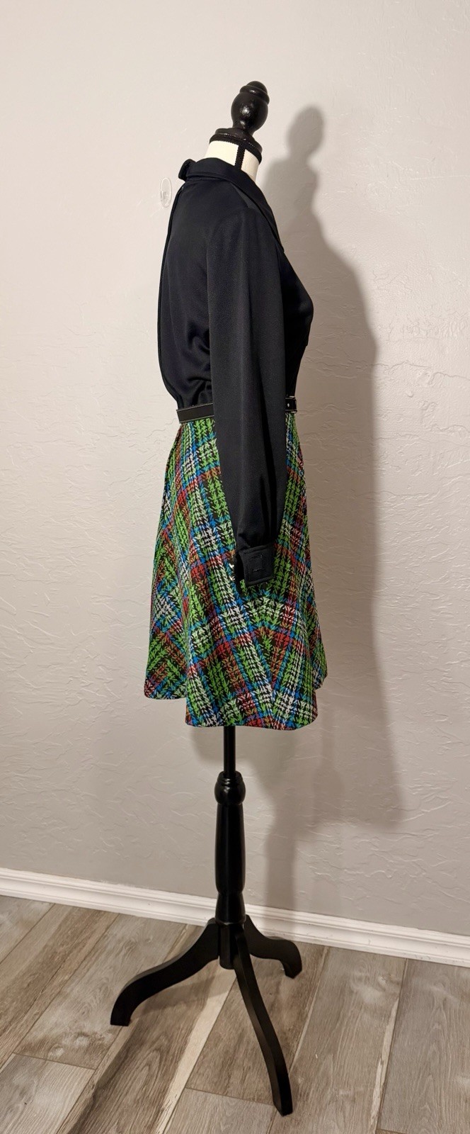 Vintage Mod 60s Black And Plaid Belted Dress Women’s Medium