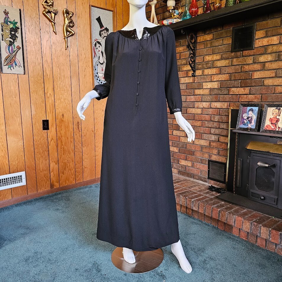 Vtg 70s Courreges Documented Avant Garde Nun Sequin Silk Maxi Dress 000 XS/S