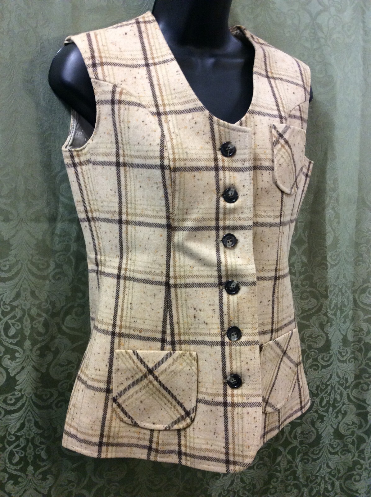wool Suit XS 34 top 22X28.5 pant tan Brown 2 Piece Pant Suit Vintage 70’s plaid