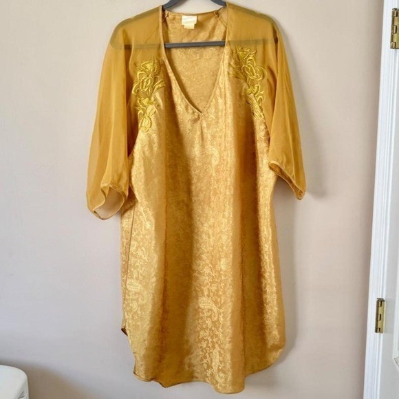 Vintage 80s Yellow Gold Nightgown Mini Dress Paisley Filigree Sheer Long Sleeve
