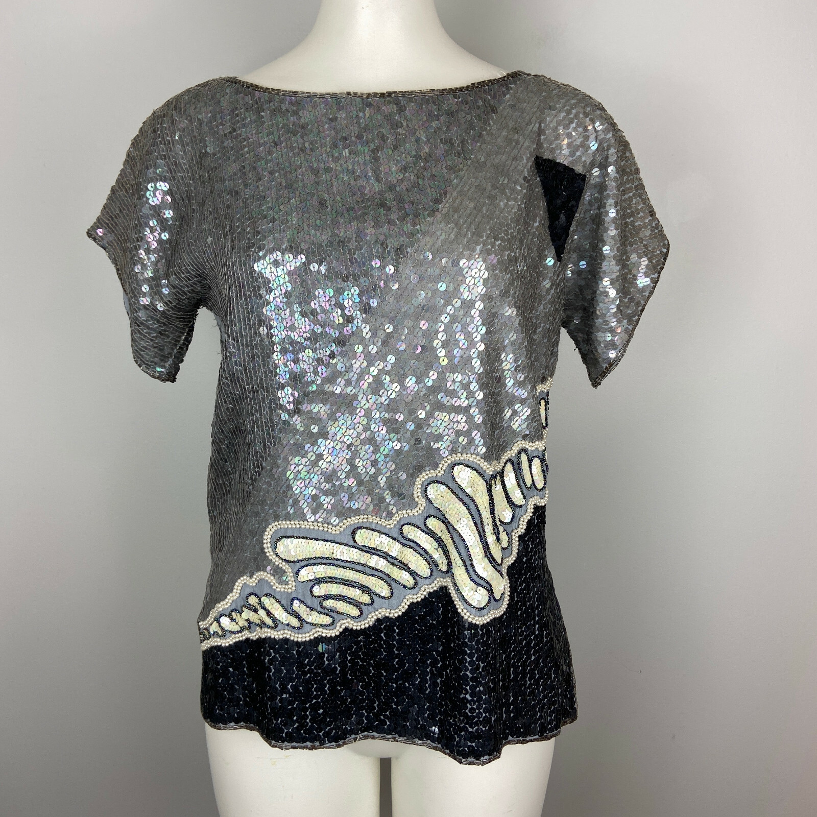 VTG 1980s Sequin Top Sho Max New York Silk Black Gray White Pearl Beads Size M