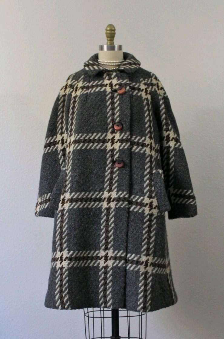 1950s VTG FAIRBROOKE Gray + Multi Color Plaid Wool Trapeze Button Down Car Coat