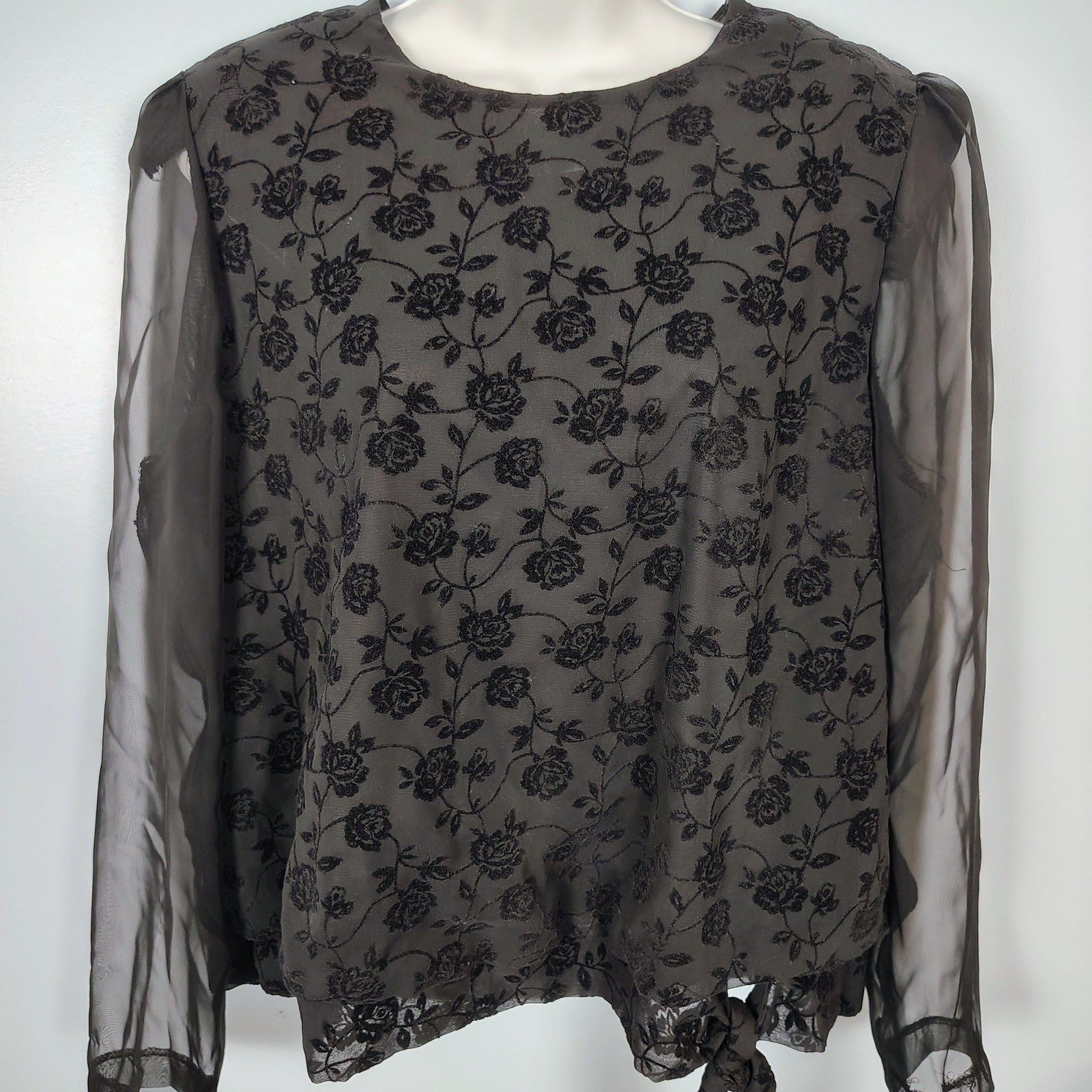 R&K Evening Vintage Floral Flocked Sheer Sleeve Side Tie Blouse Grey Black 12