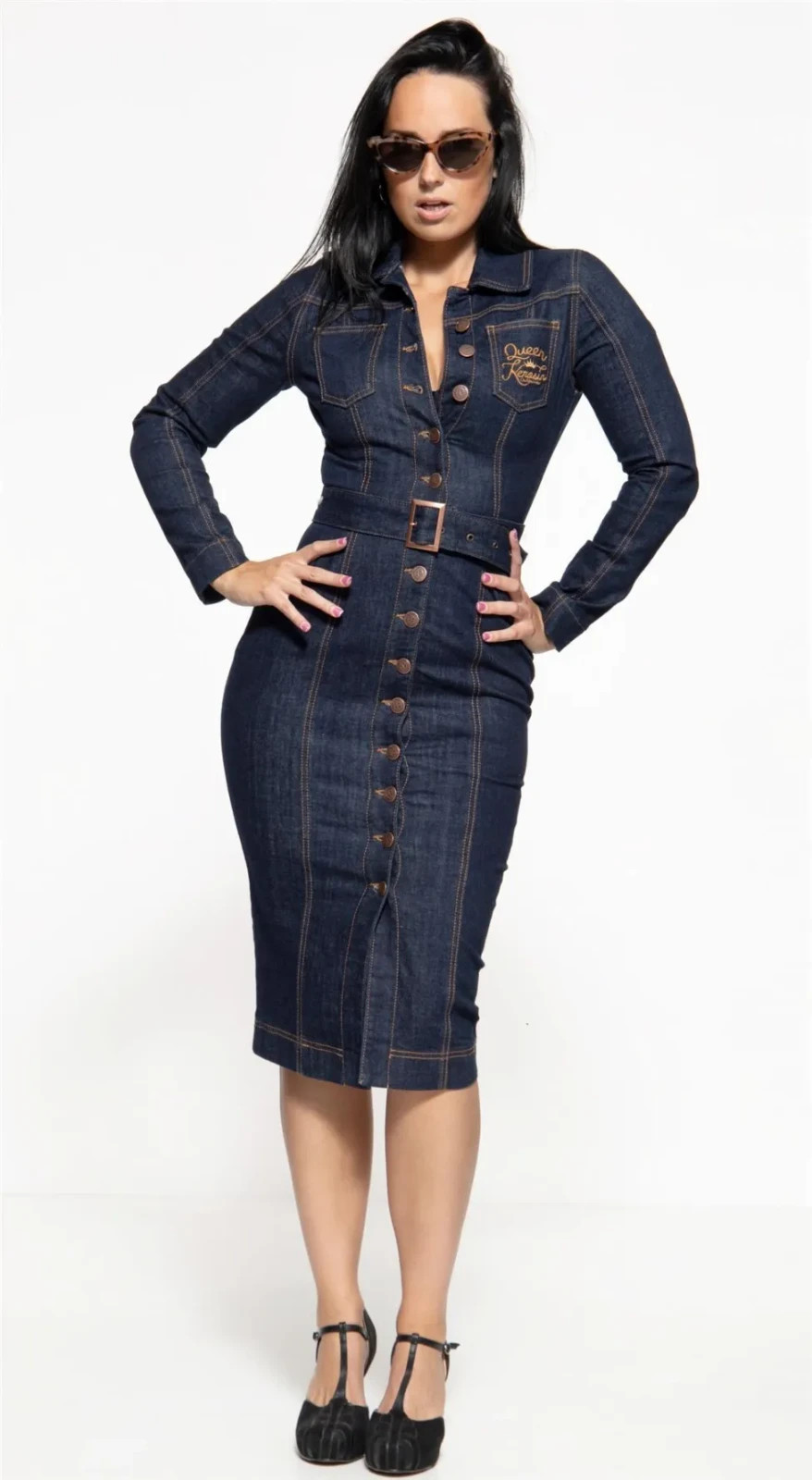 Rockabilly Vintage Retro Queen Kerosene Denim Pencil Dress Q Crown Size 34 New