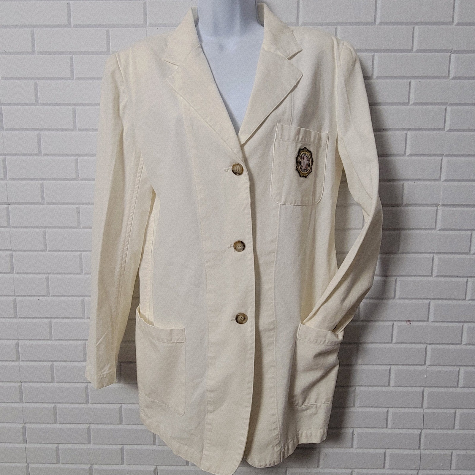 Vtg 90s DKNY Jeans Blazer Small Cream Cotton Longline Sporty Prep Crest