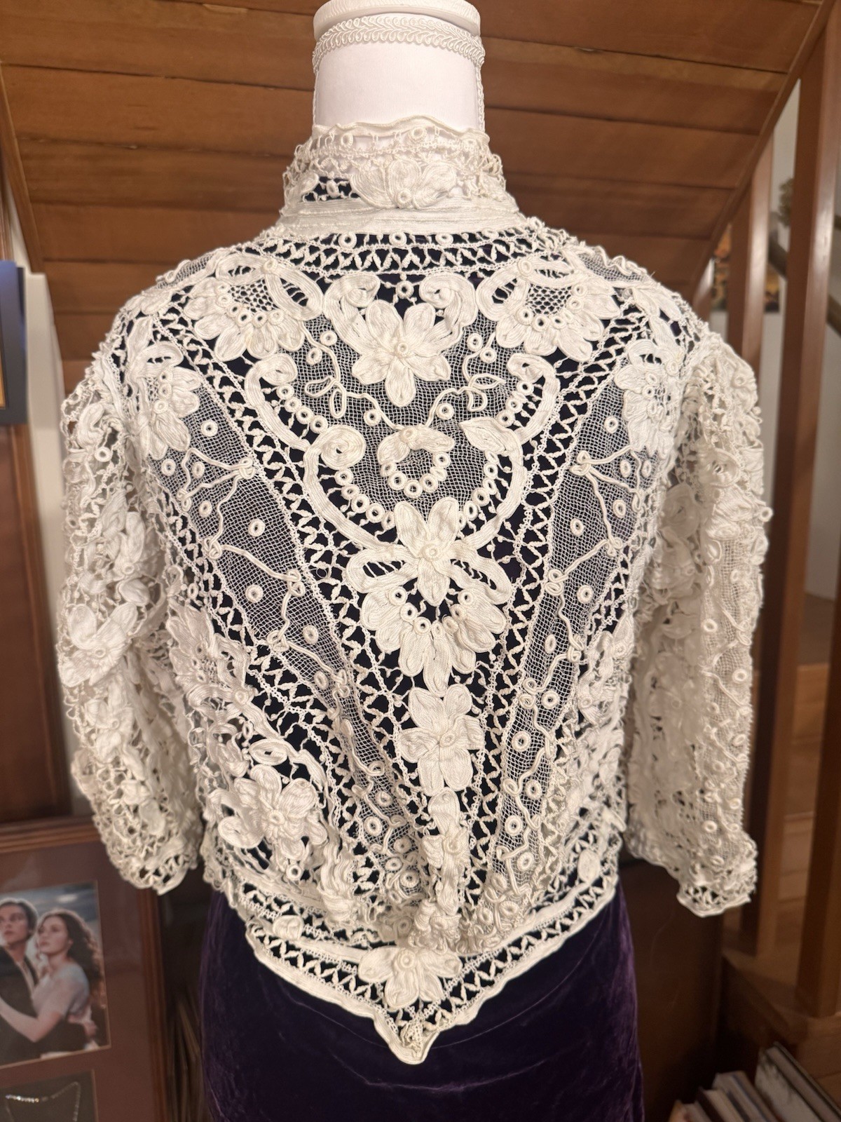 Antique Edwardian Irish Crochet Lace Jacket c 1905 Handmade White Blouse Top VGC