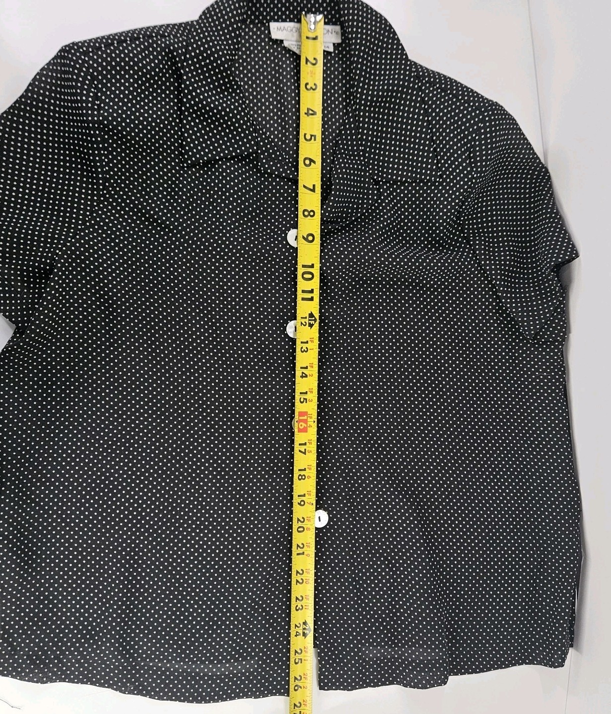 Vtg 80s/90s Maggie London Black White Polka Dot Blouse Shoulder pads L Sheer MOP