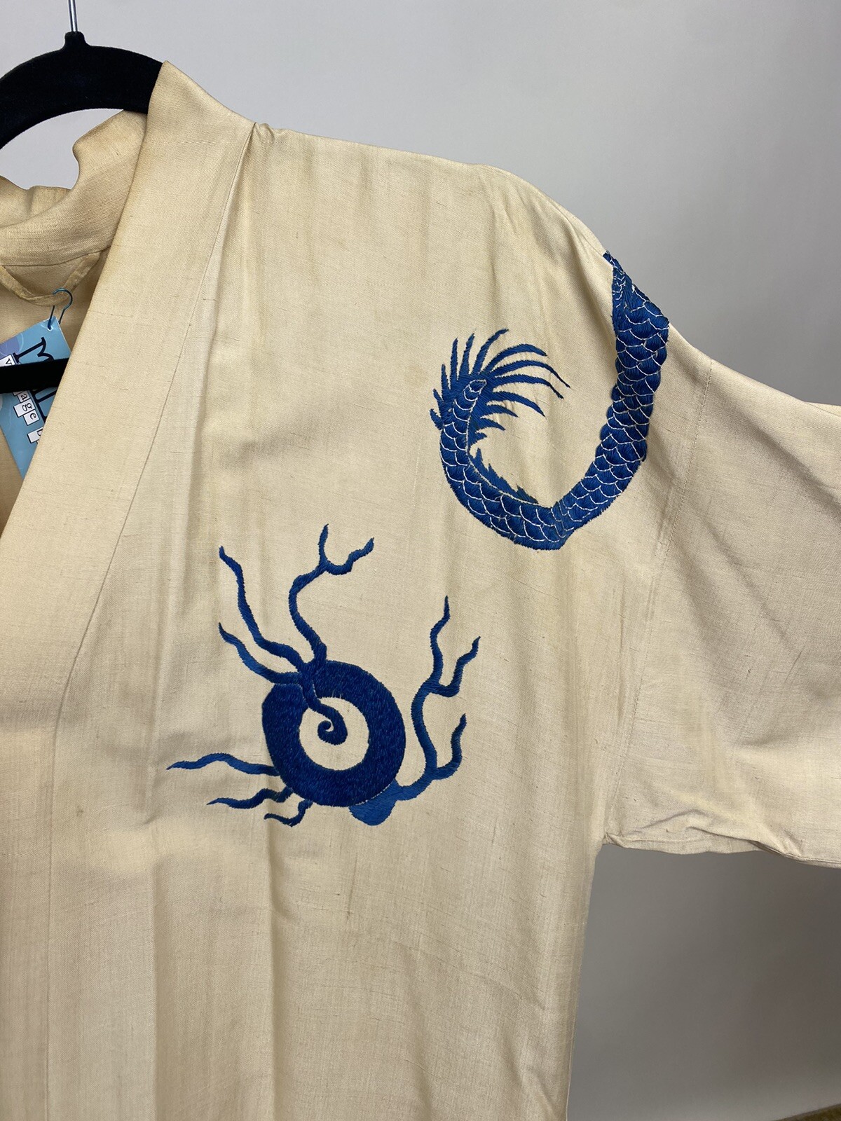 Antique Japanese 1930s 3 Toed Dragon Kimono Robe Blue Embroidery Cream Linen