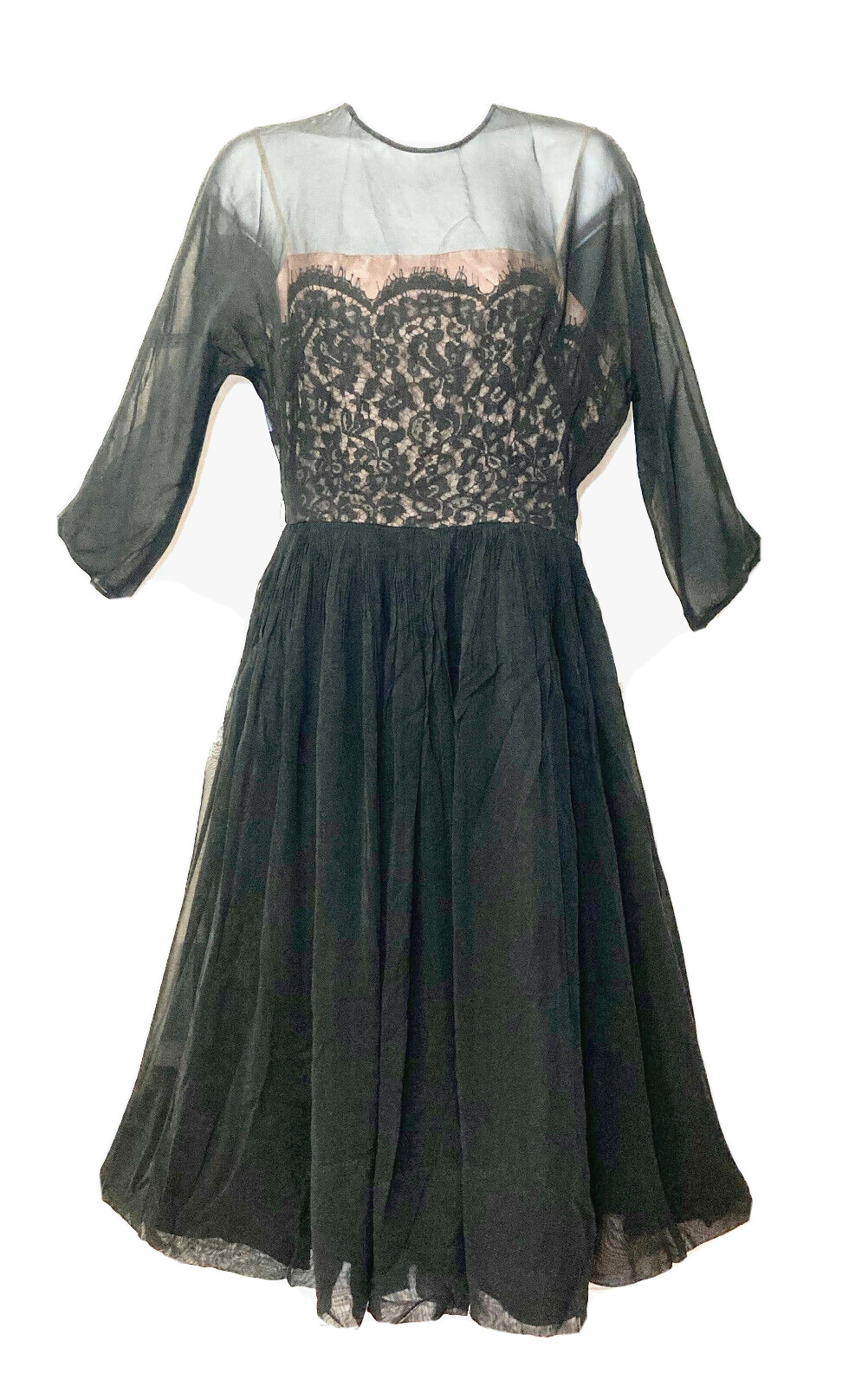 LESLIE FAY VINTAGE BLACK LACE ILLUSION FIT& FLARE CHIFFON DRESS, VTG SIZE 12