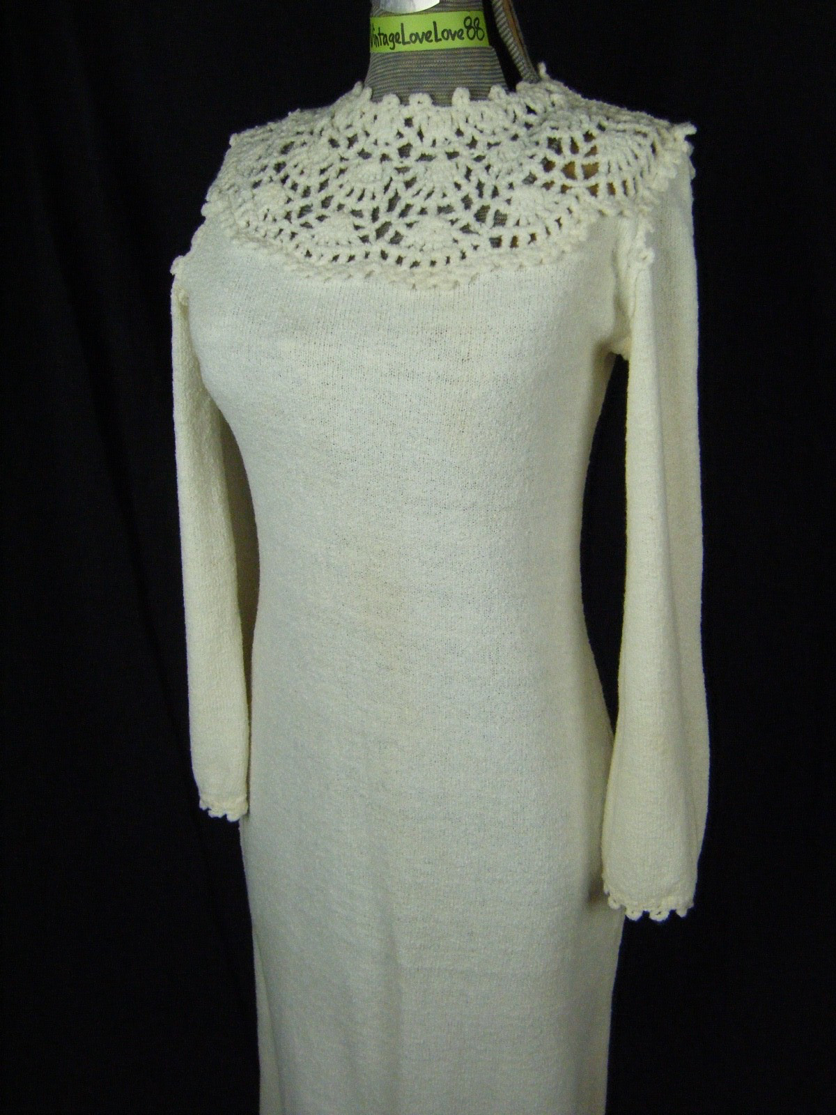 MISS DOLPHIN CA Vtg Ivory Crochet Eyelet Knit Long Dress-Bust 33-36/2XS-XS