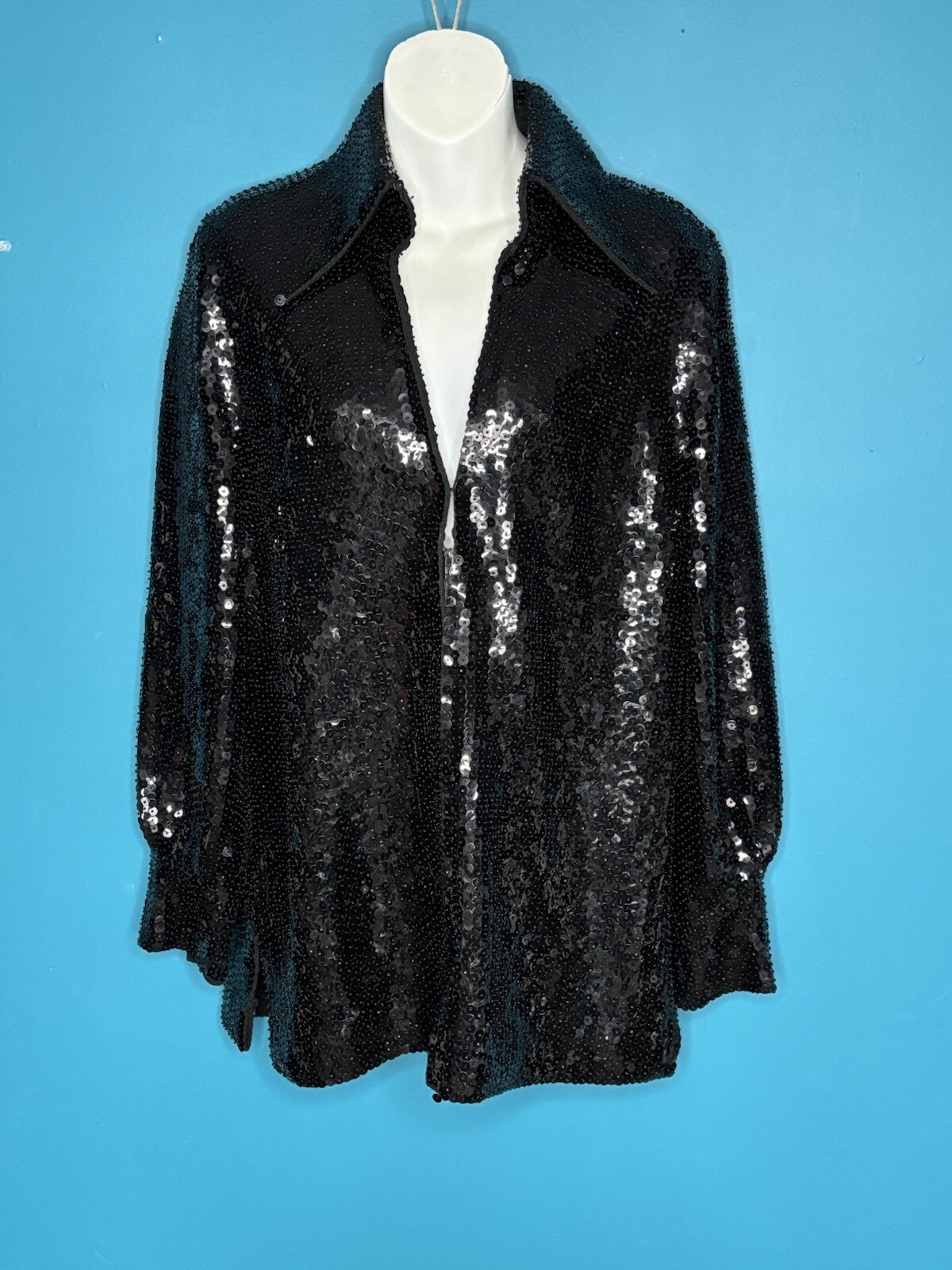 Vtg Valentina Ltd Black Sequin Zip Front Jacket Top Dagger Collar Silk Lined M