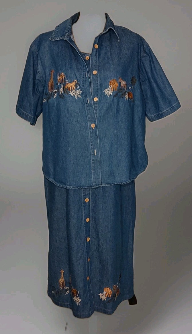 Vintage MPH Blues – 2PC Embroidered Jungle Denim Shirt & Dress Set – Women’s 1X