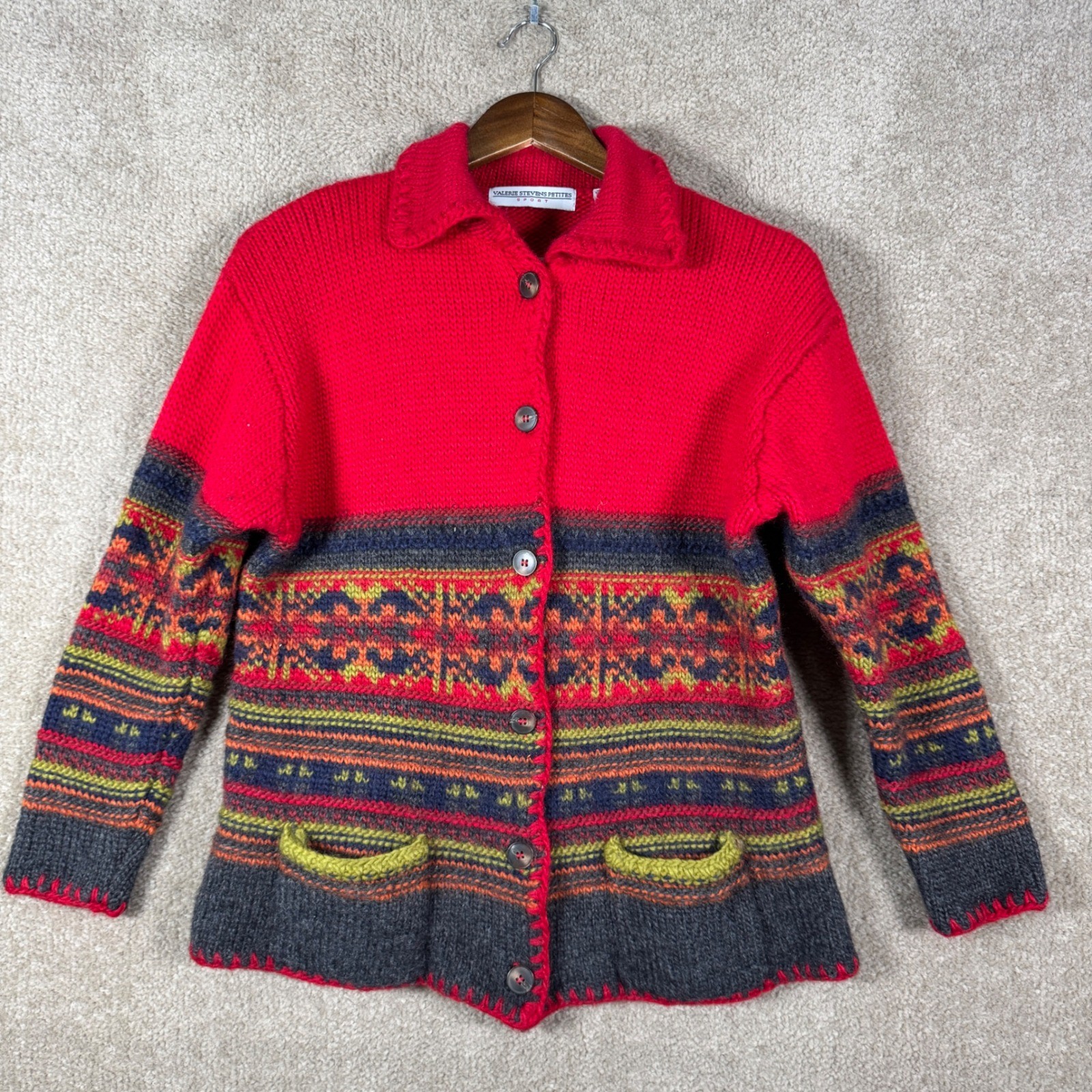 Valerie Stevens Petites Wool Knit Fair Isle Grandpa Cardigan PM Vtg Grandpa Core
