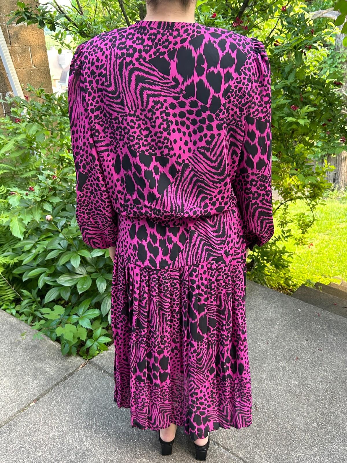 80s John Roberts Animal Print Dress Pink Black Vintage Long Sleeve Size M