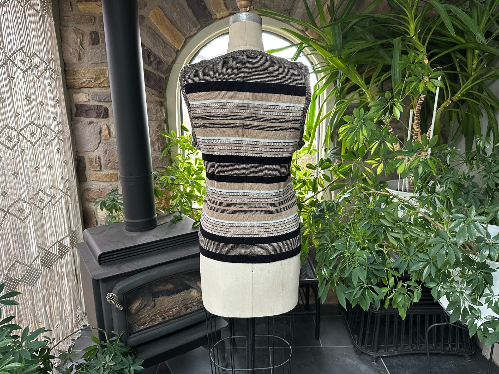 Vintage 1970s Tan Black and White Stripe V Neck Sweater Vest Campus Casual