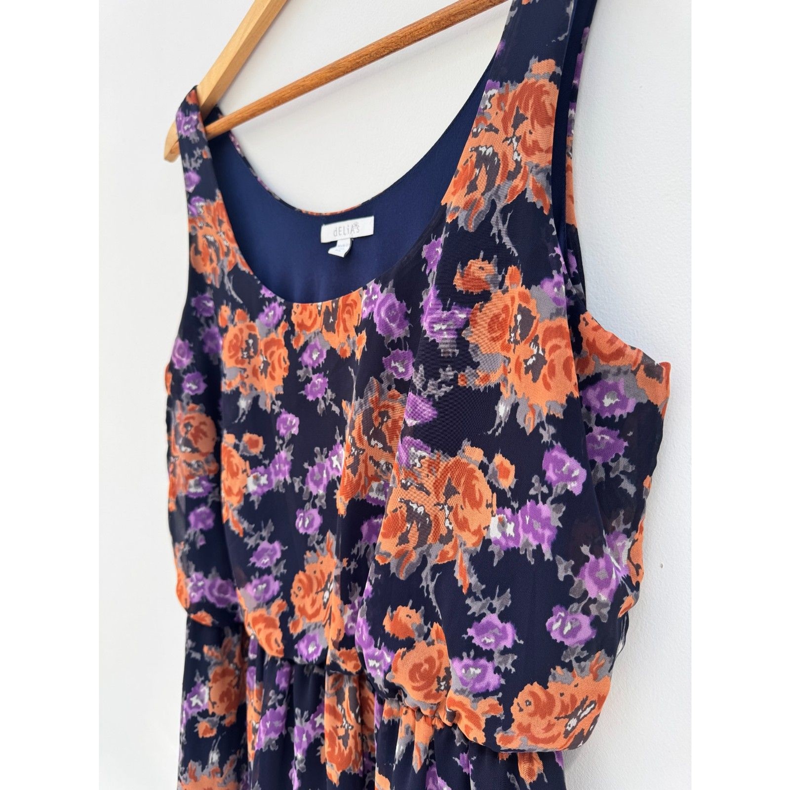 Vintage dELiA*s Navy Floral Chiffon Sundress Purple Orange Roses Size XL
