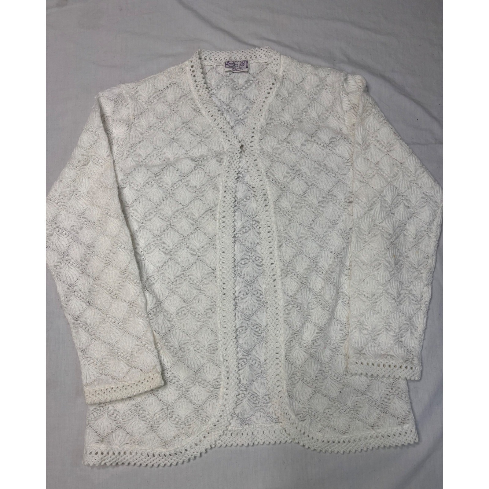 Vintage Barbara Lee White Pointelle Knit Cardigan Open Front Lace Trim Japan