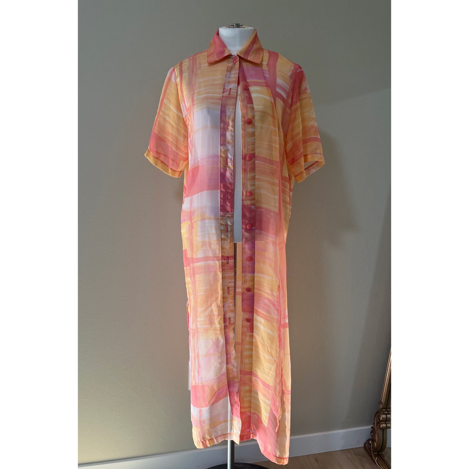 Vintage Seasuns Pink Orange Ombré Sheer Button Down Cover Up Dress