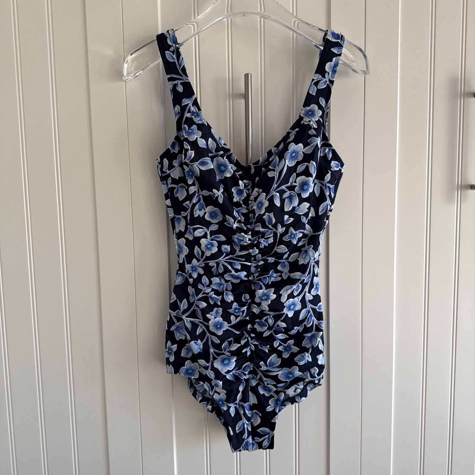 Vtg Maxine Of Hollywood Swimsuit 10 Navy Floral Ruching