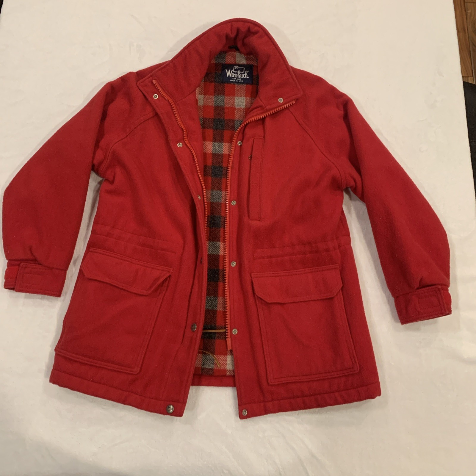 Rare Woolrich Wool Jacket Coat Plaid Wool Lined Women’s M Red Vintage No Hood