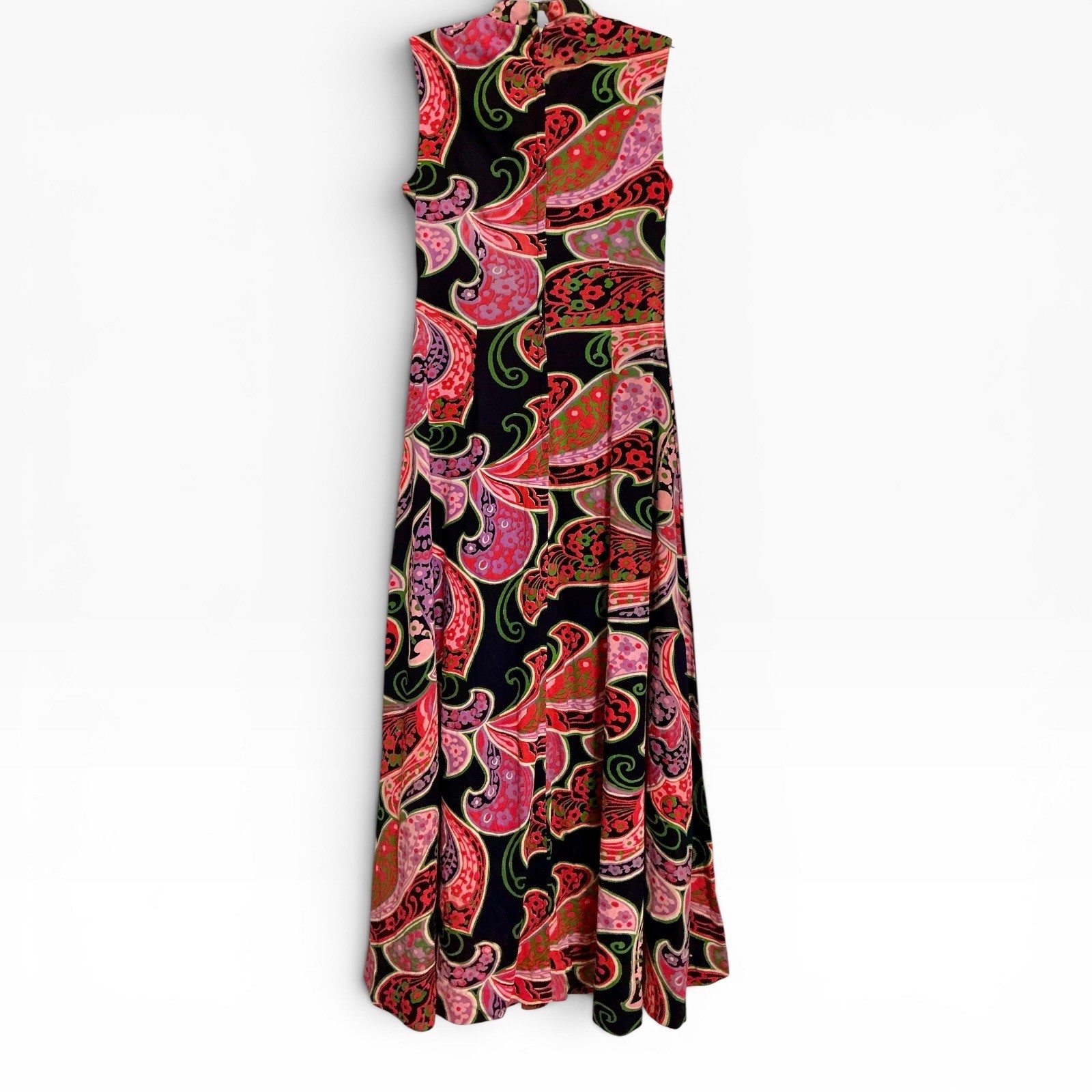 VTG 60s Psychedelic Paisley Beaded Tie Neck Hostess Maxi Dress S / M