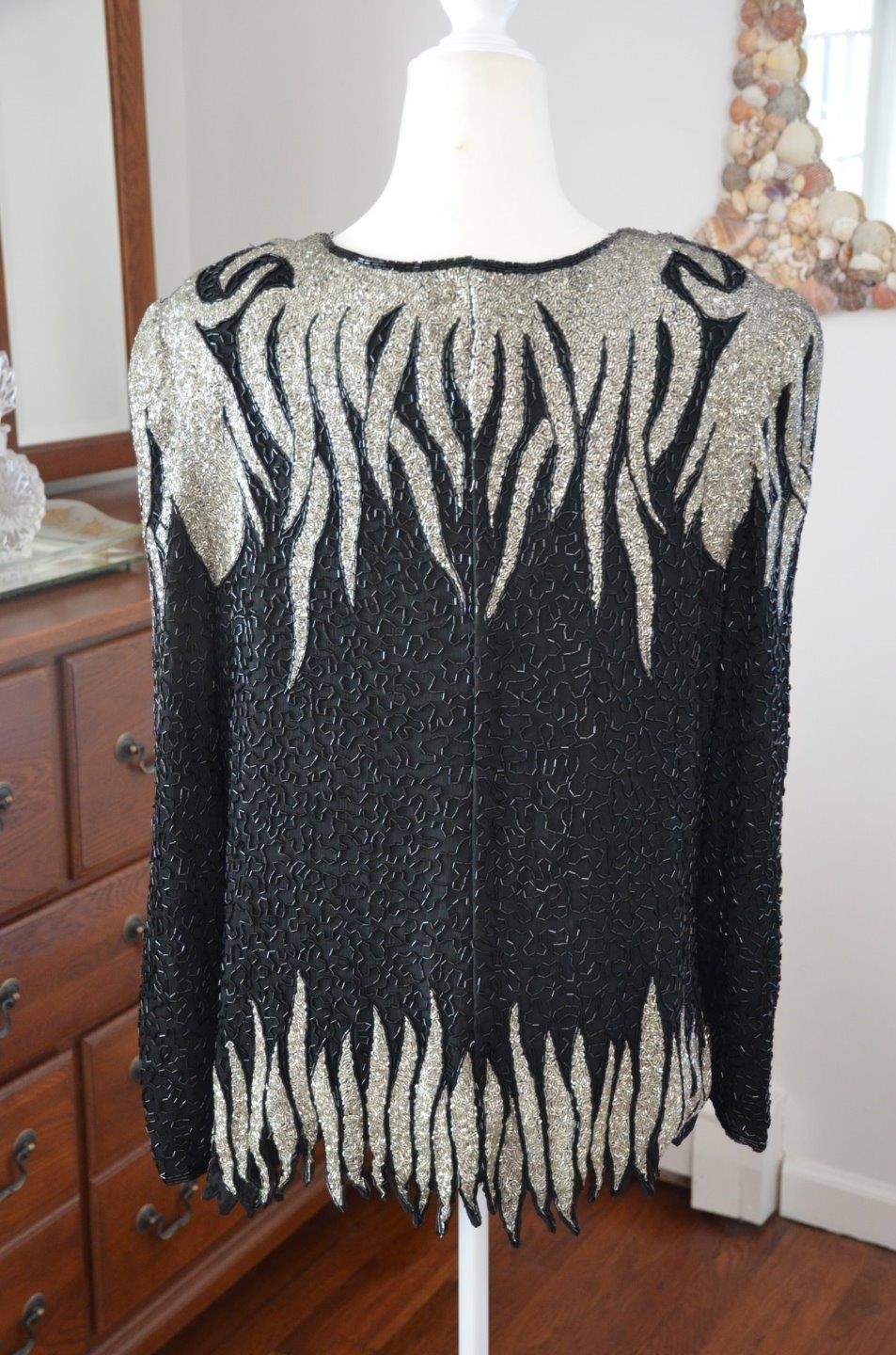 Vintage 80s 100% Silk Black & Silver Heavily Beaded Evening Top! 1X Plus Size