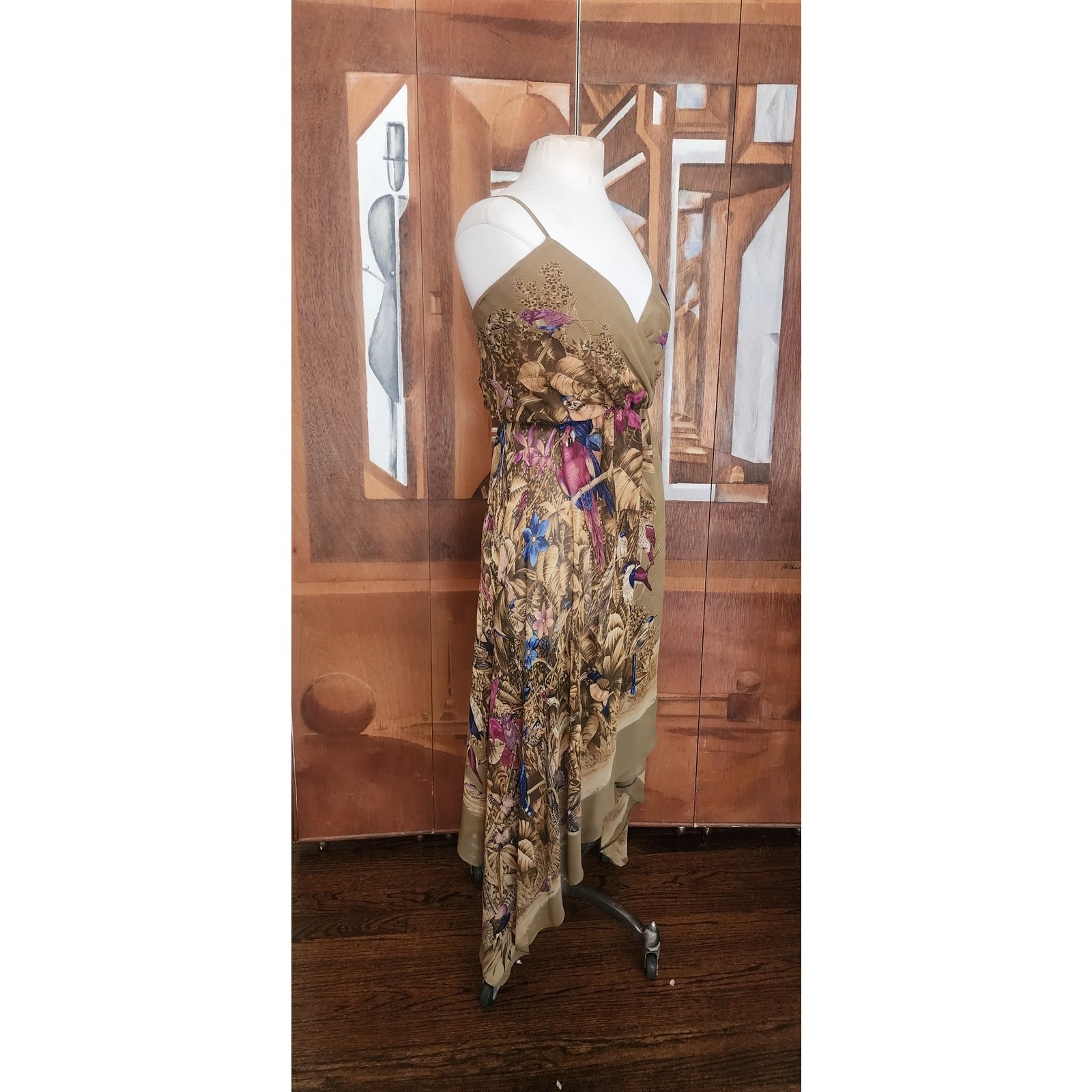 VTG 1970s Gianni Versace RARE Dress Silk Tropical Parrot Print Spaghetti Straps