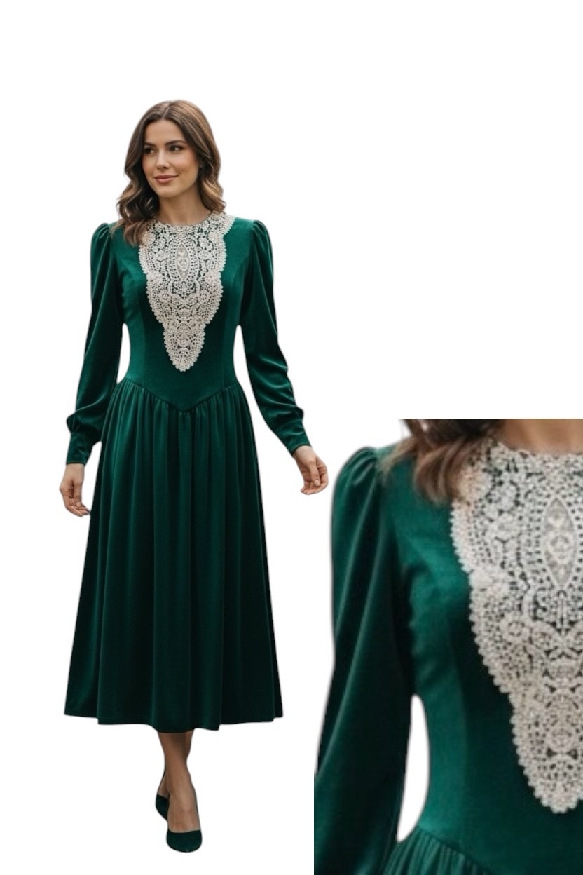 Vintage Expo Woman’s Green & White Lace Bib Dropped V Waist Dress Size 4 Cottage
