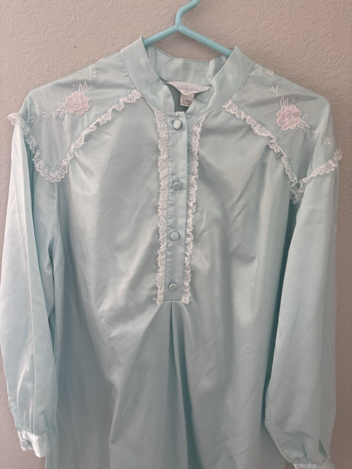 Jodie Arden Satin Nightgown Long Blue Embroidered Lace House Dress Sz M