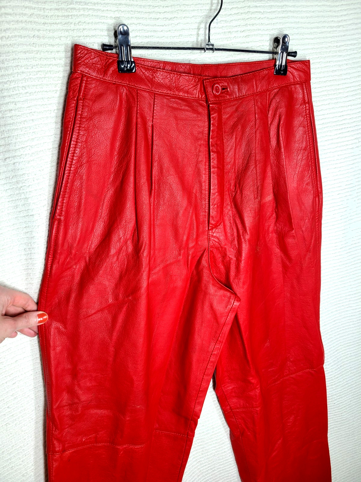 Vtg 80s Red Leather Pants Pleated High Waist 13/14 Mom Jeans Genuine Raw Hem