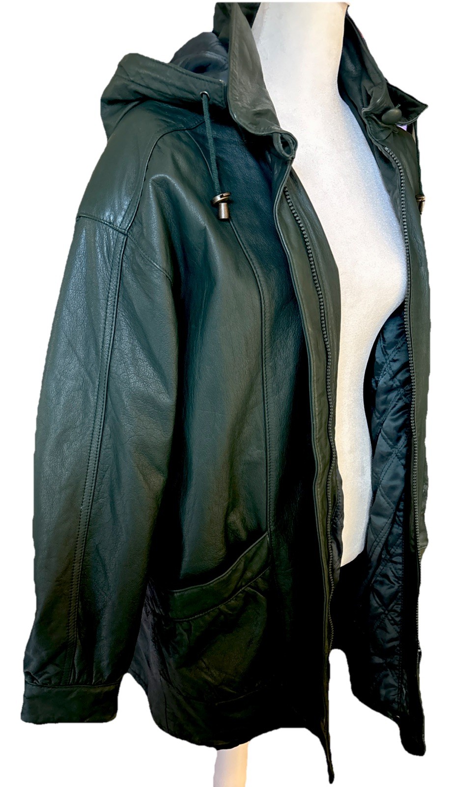 Vtg Green Leather Coat Quilted Liner Removable Hood High Collar J. Ferrar M