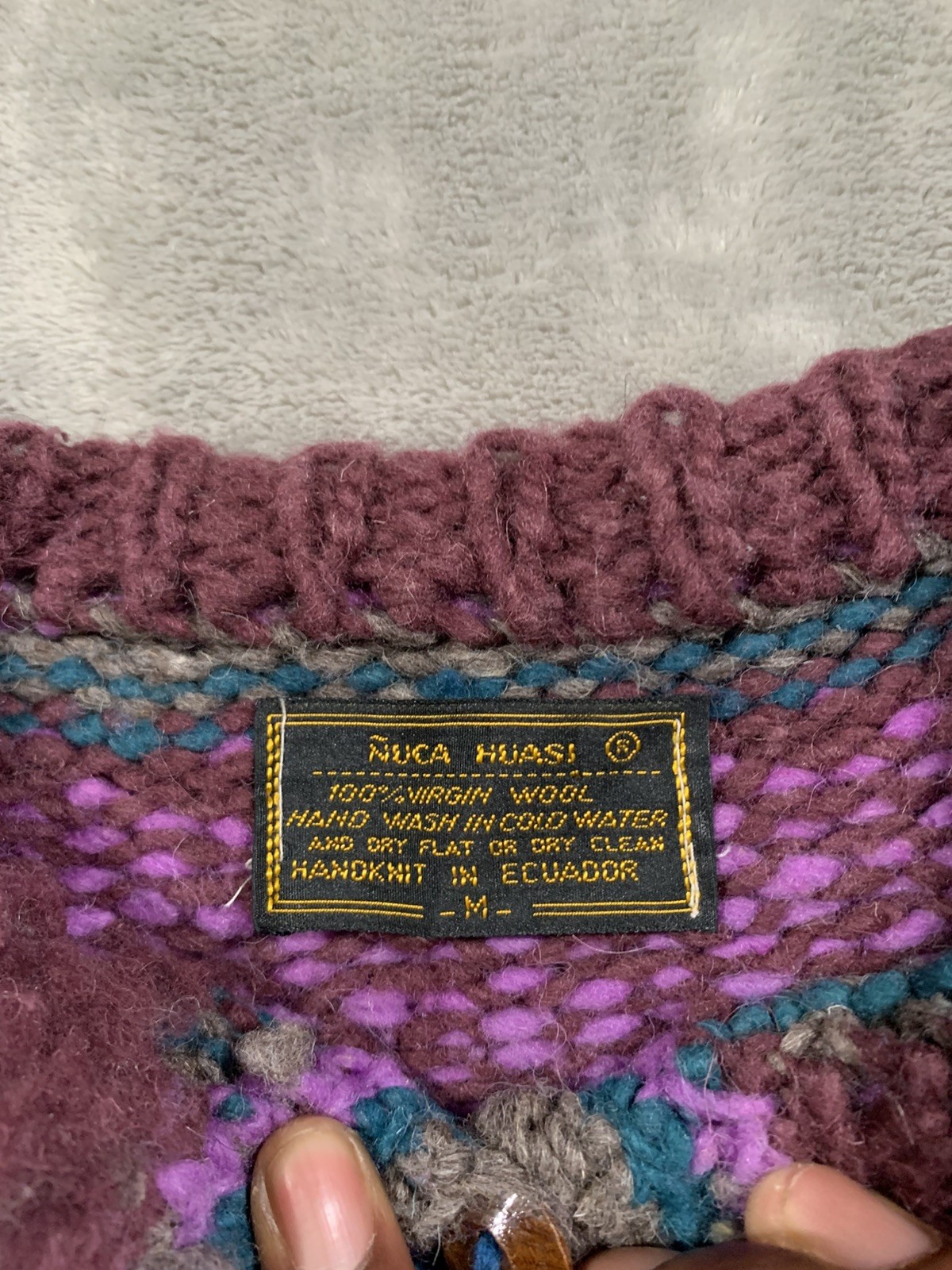 Vintage 80s 90s Nuca Huasi Hand Knit Virgin Wool Ecuador Cardigan Sz M Boho EUC