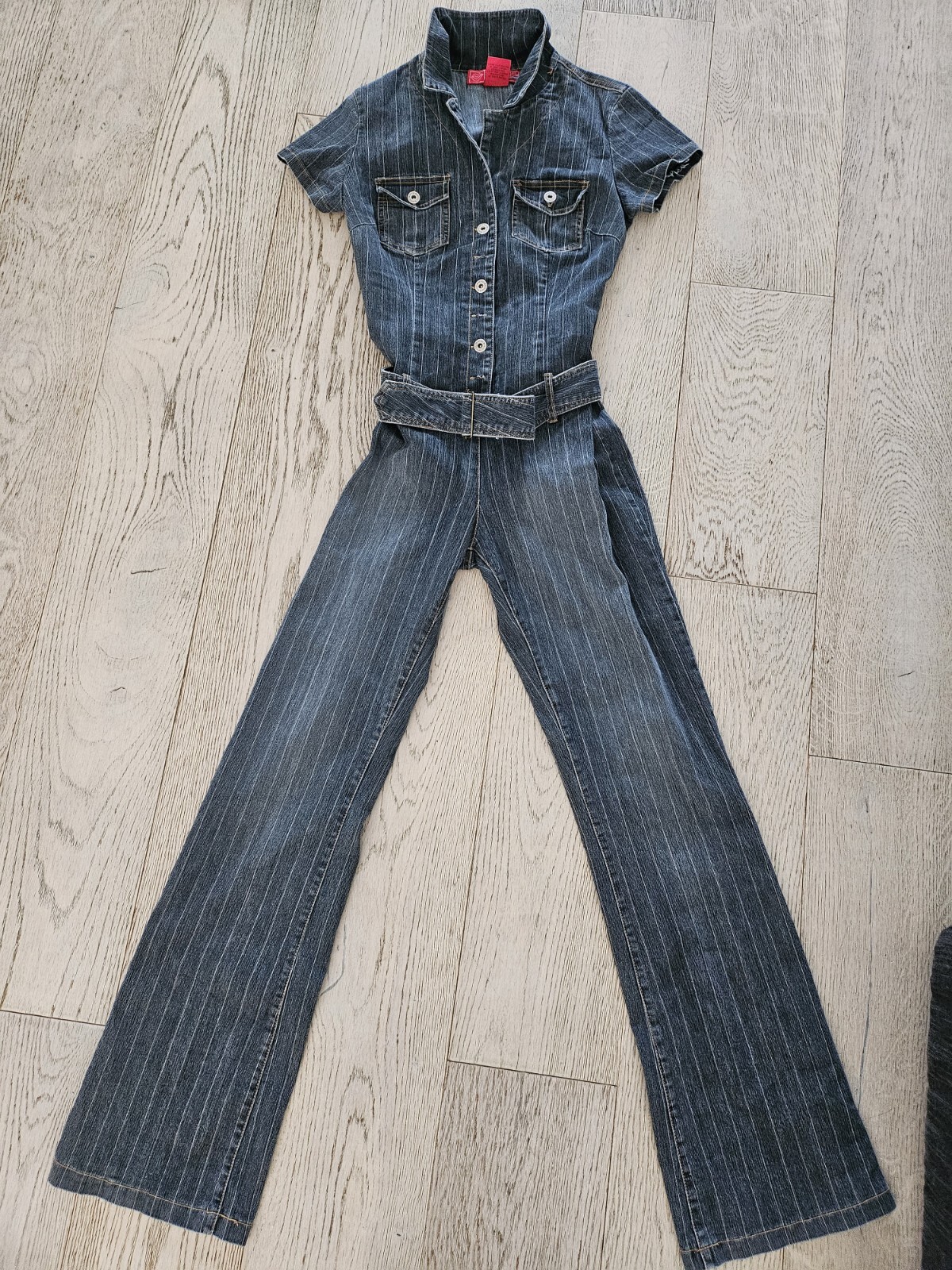 Hot Kiss One Piece Denim Pinstrip Pantsuit Belted Jumper SZ M Y2K