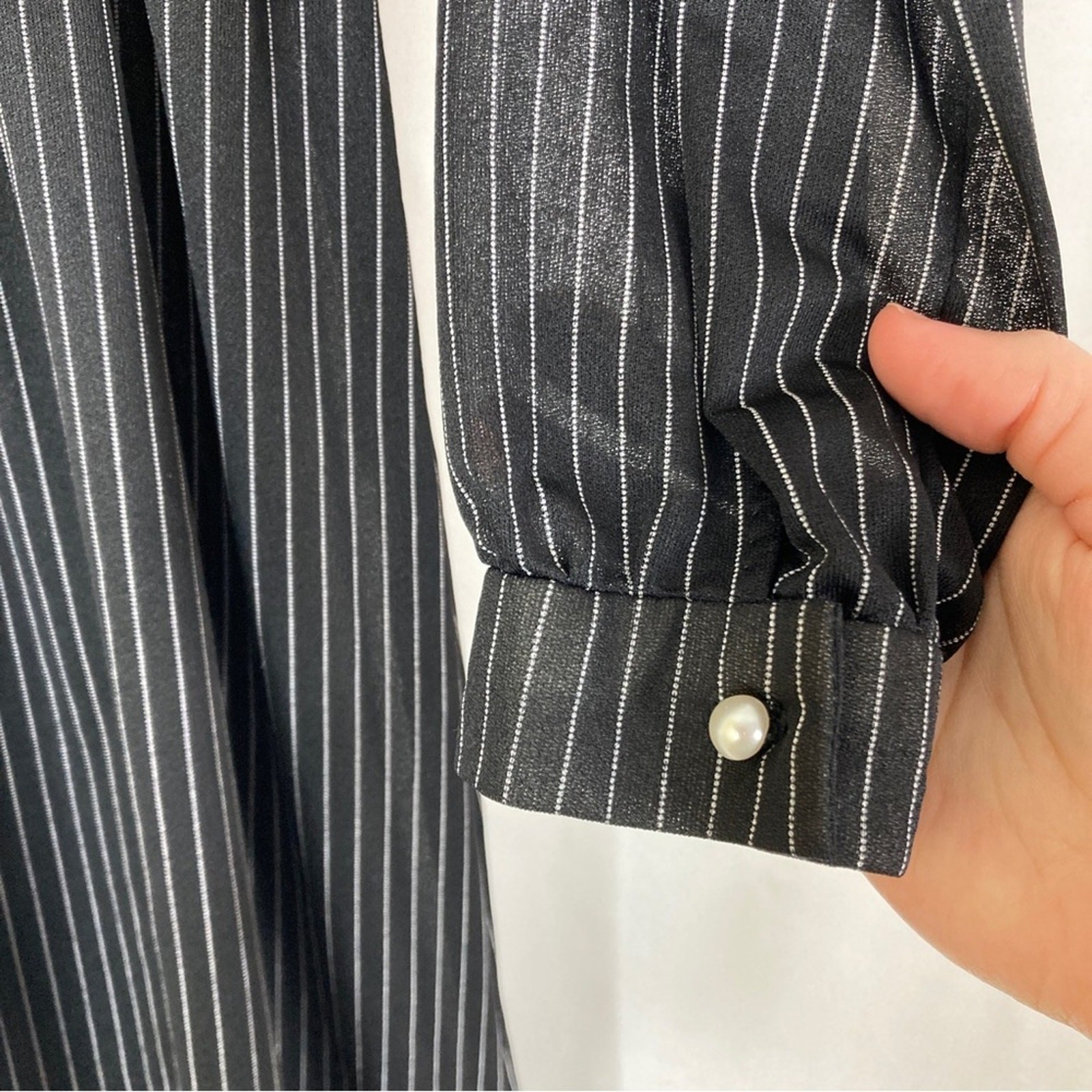 Vintage Black White Pinstripe Ruffle Button Down Mid Length Dress SHEER Medium?
