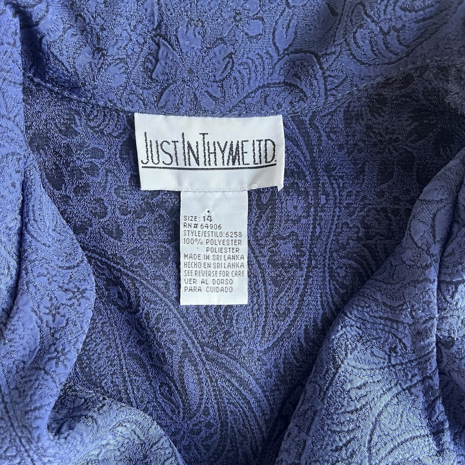 Vintage Just In Thyme LTD Paisley Jacquard Blouse Size 14 Button Front