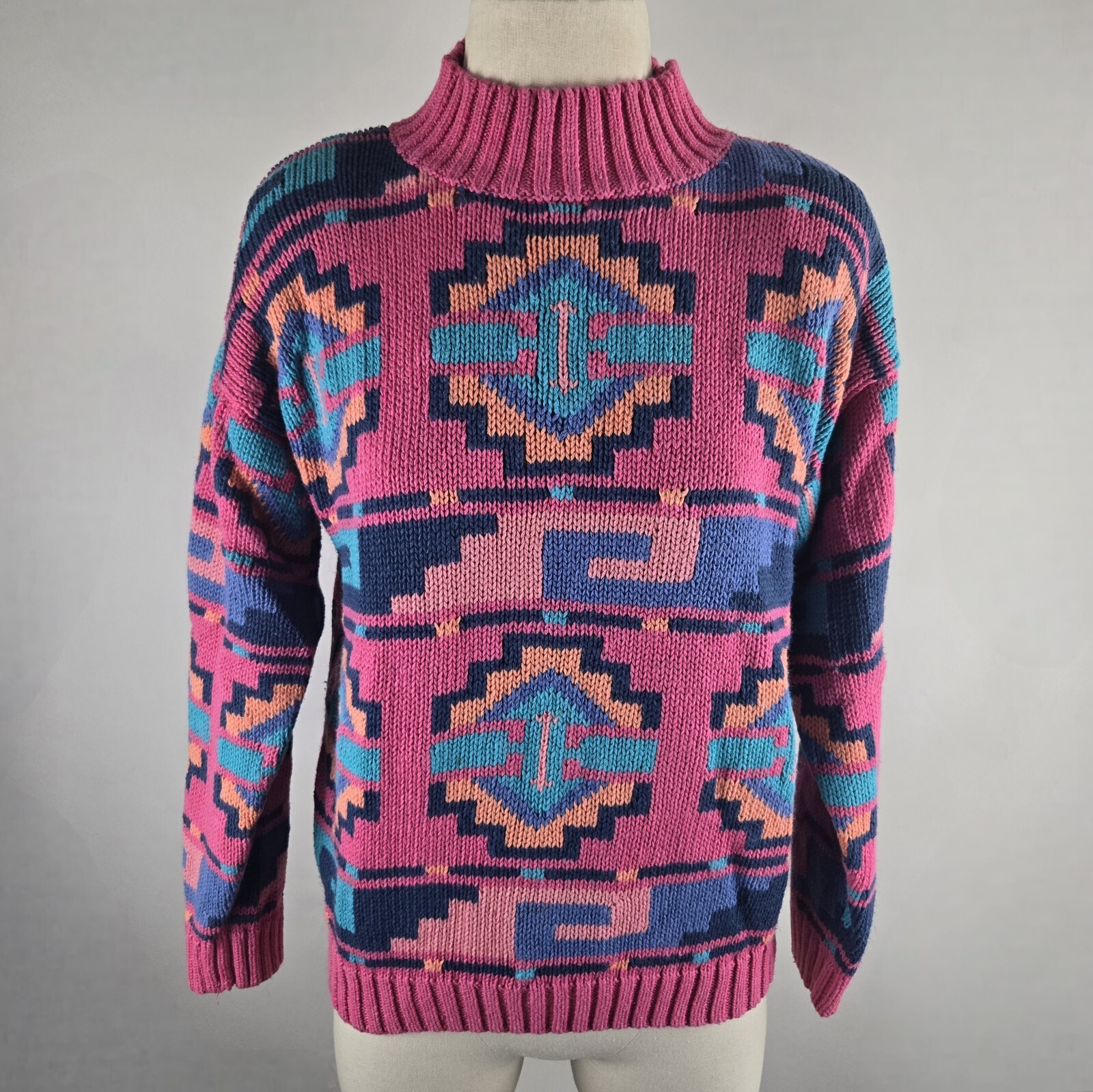 Vintage 80’s Nuovo Turtle Neck Knit Sweater M Southwest Aztec Cotton Ramie