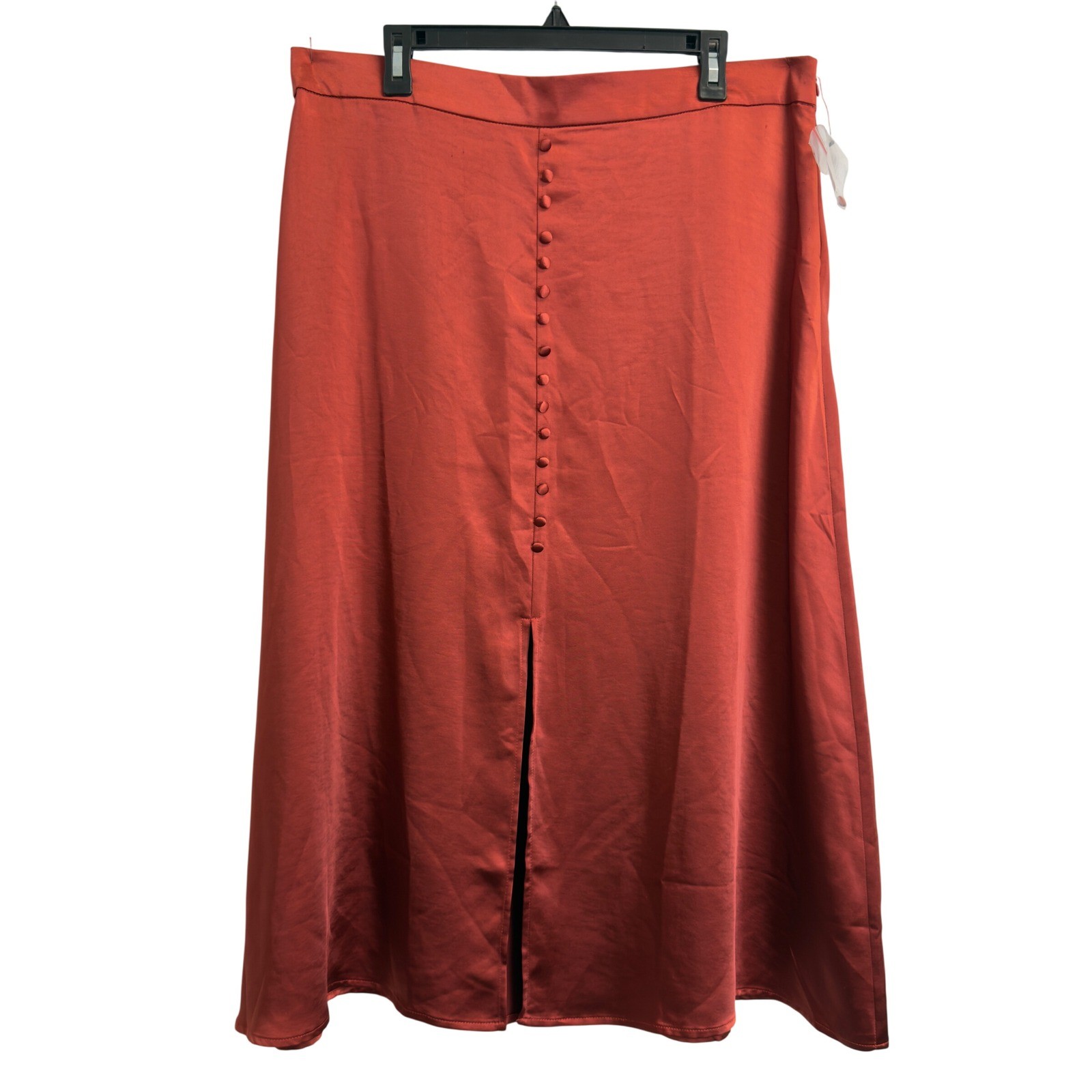 Vince Camuto Rust Orange Satin Button Front Maxi Skirt XL Slit Elastic Waist