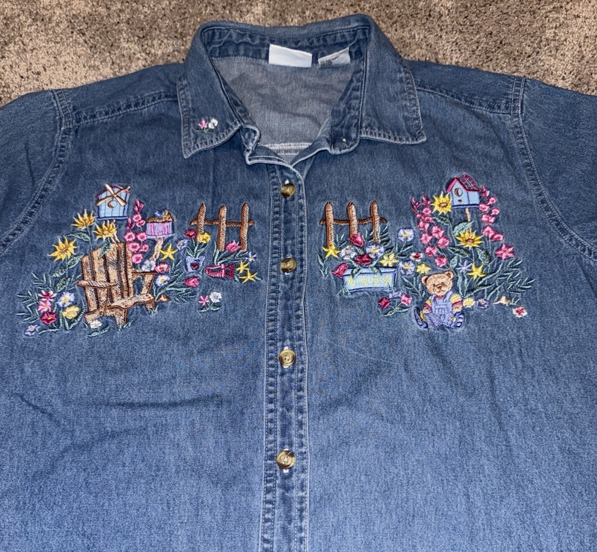 Womens 14/16W Denim Shirt Embroidered Floral Bear Garden Cottagecore Grandmacore