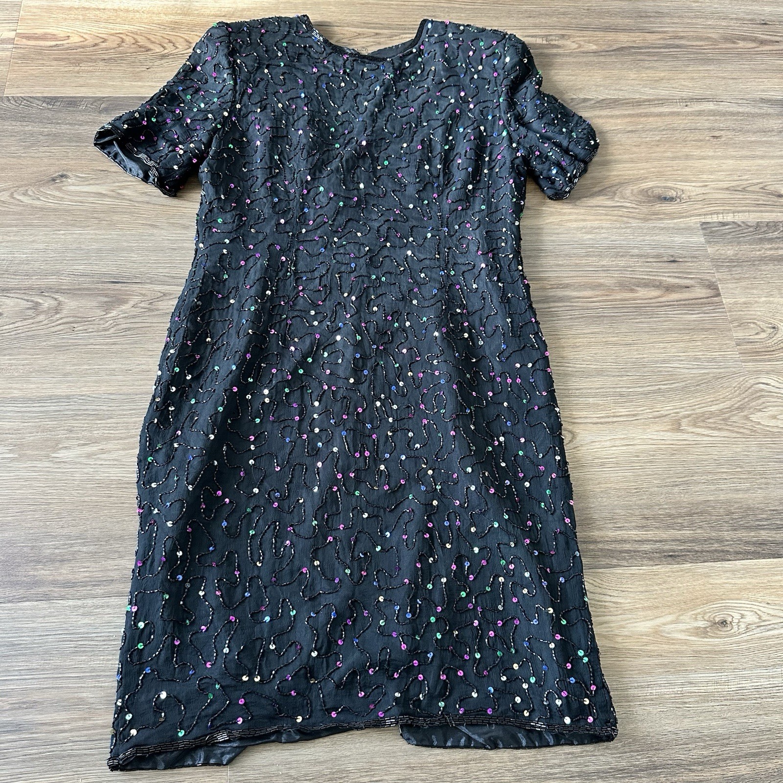 VTG Silk Sequin Beaded Dress Party 80s Sparkle NYE 90s Cocktail Homecoming Large