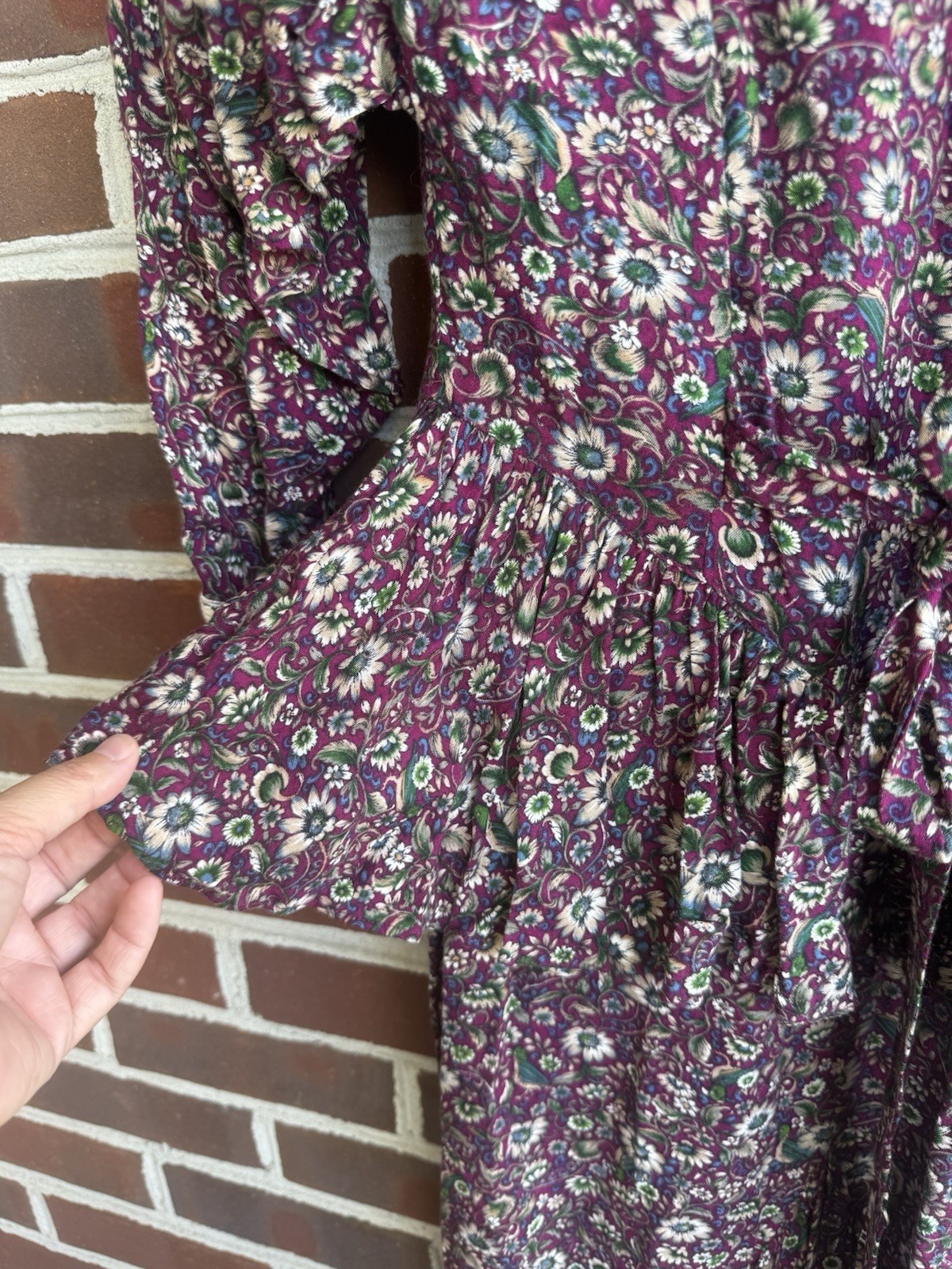 Vintage 80s Moonglow Floral Prairie Dress Small Lace Trim Drop Waist Peplum