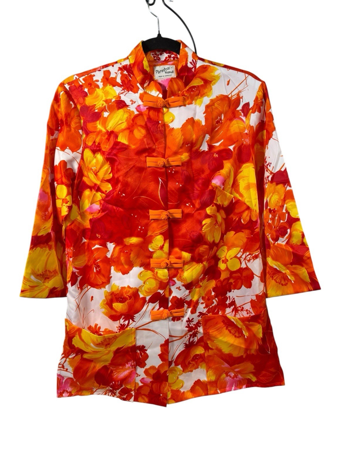Vintage 60s Paradise Hawaii Tea Timer Mandarin Collar Blouse Frog Closure Flower