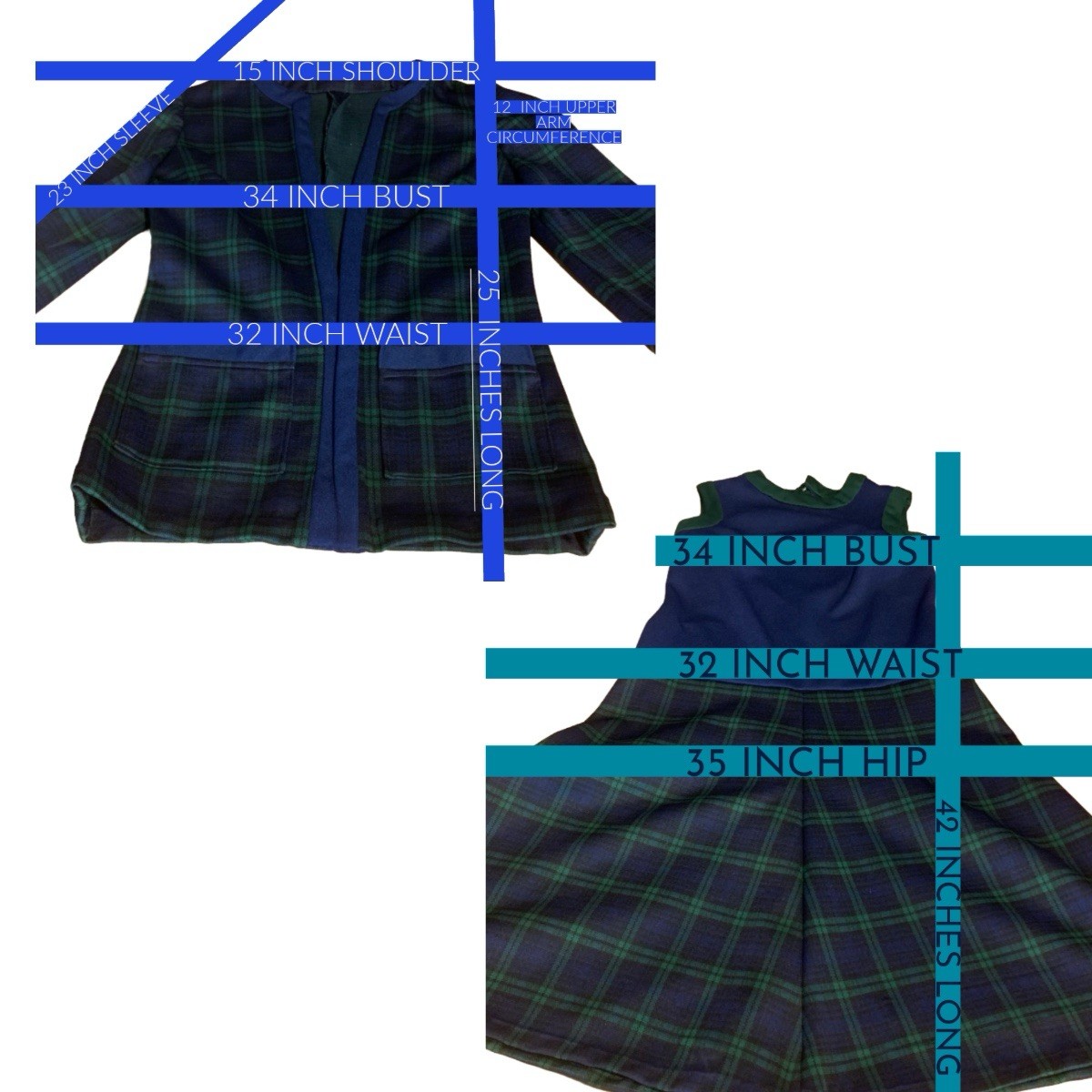 VINTAGE CIRCA 1960’S VOGUE COUTURIER BLUE PLAID DRESS & JACKET SET APPX MED