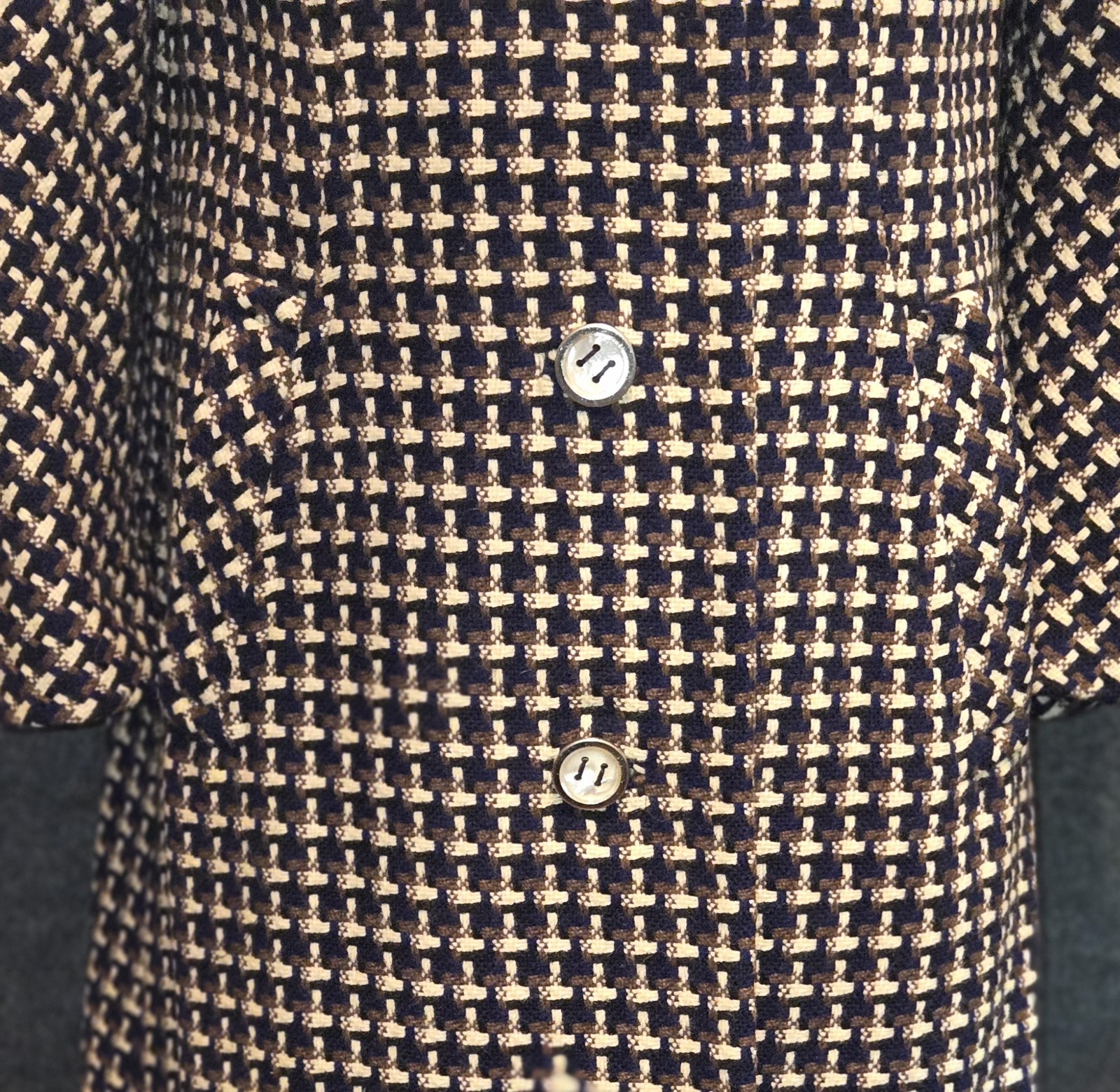 Vntg I. Magnin Coat 10 Womens USA 3/4 Sleeve Houndstooth Blue, Brown, Beige EUC