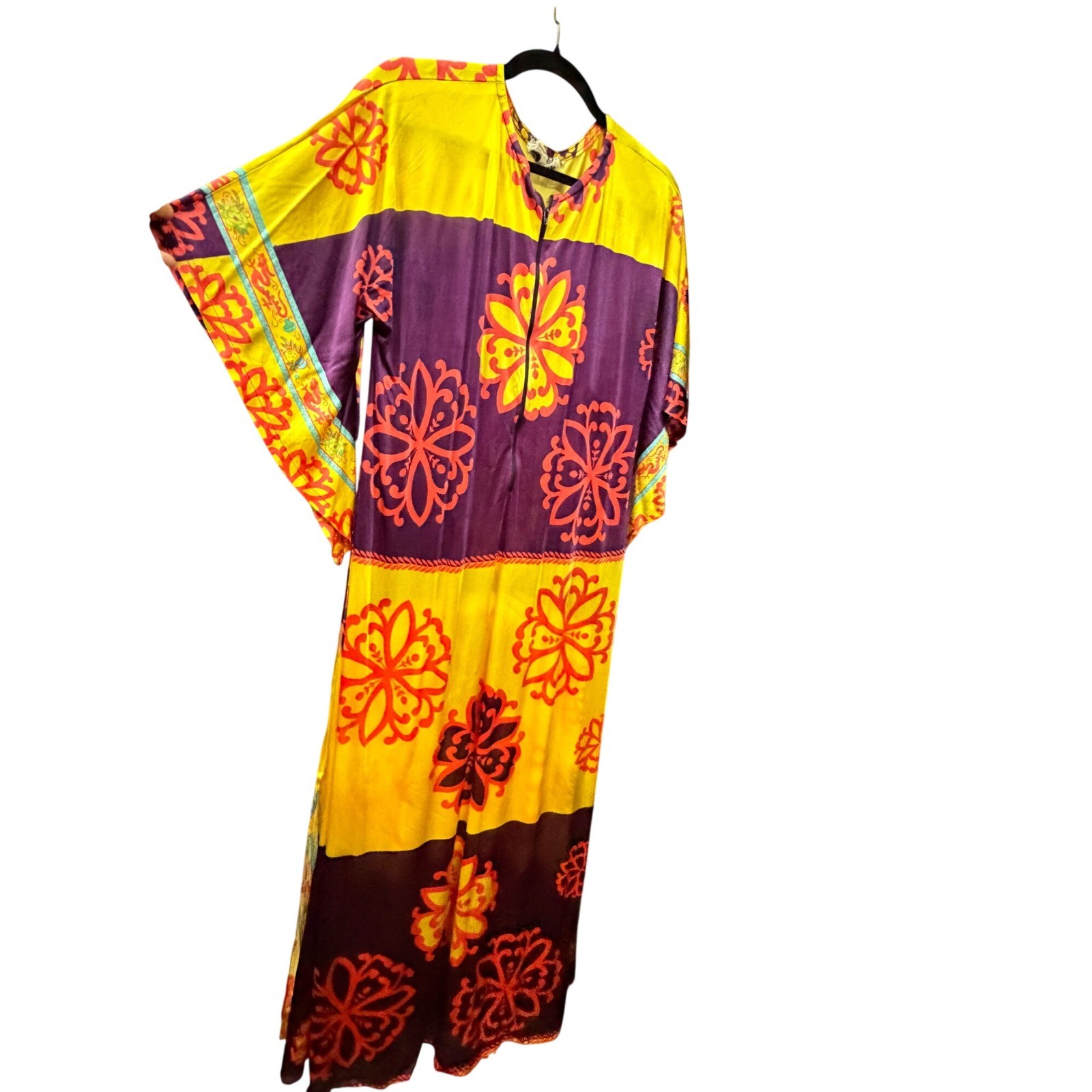 Vintage 1970s Floral Maxi Dress Caftan Purple Yellow Boho Psychedelic ILGWU S-L