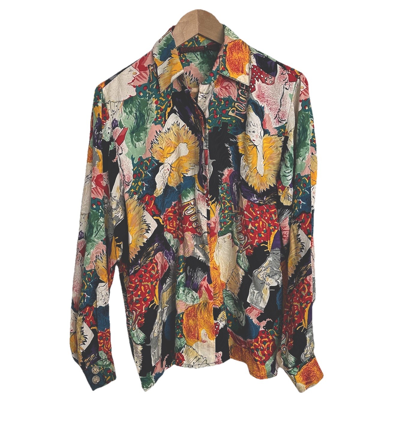 Vintage 80s Jerri Sherman Collection Silk Colorful Moulin Rouge Blouse Size 8