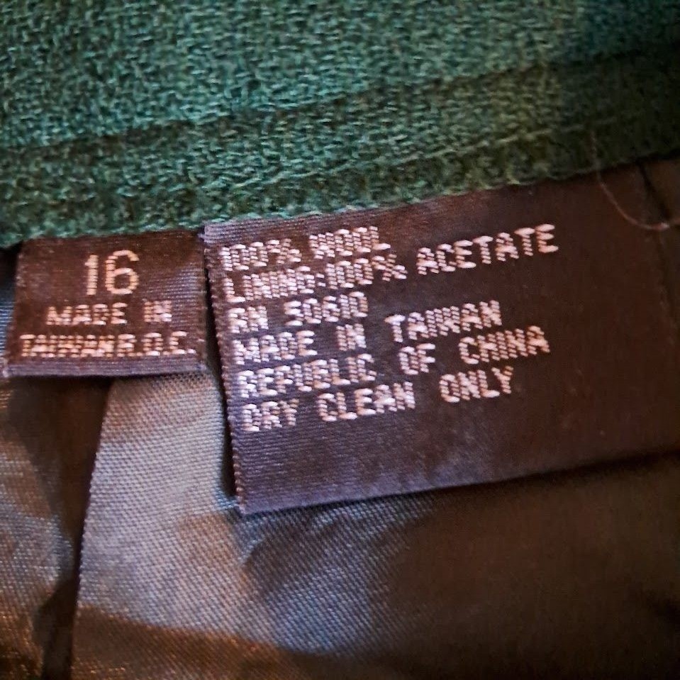 Sassco 16 Vintage 80s Forest Green 100% Wool Pencil Midi Skirt Back Vent Lined