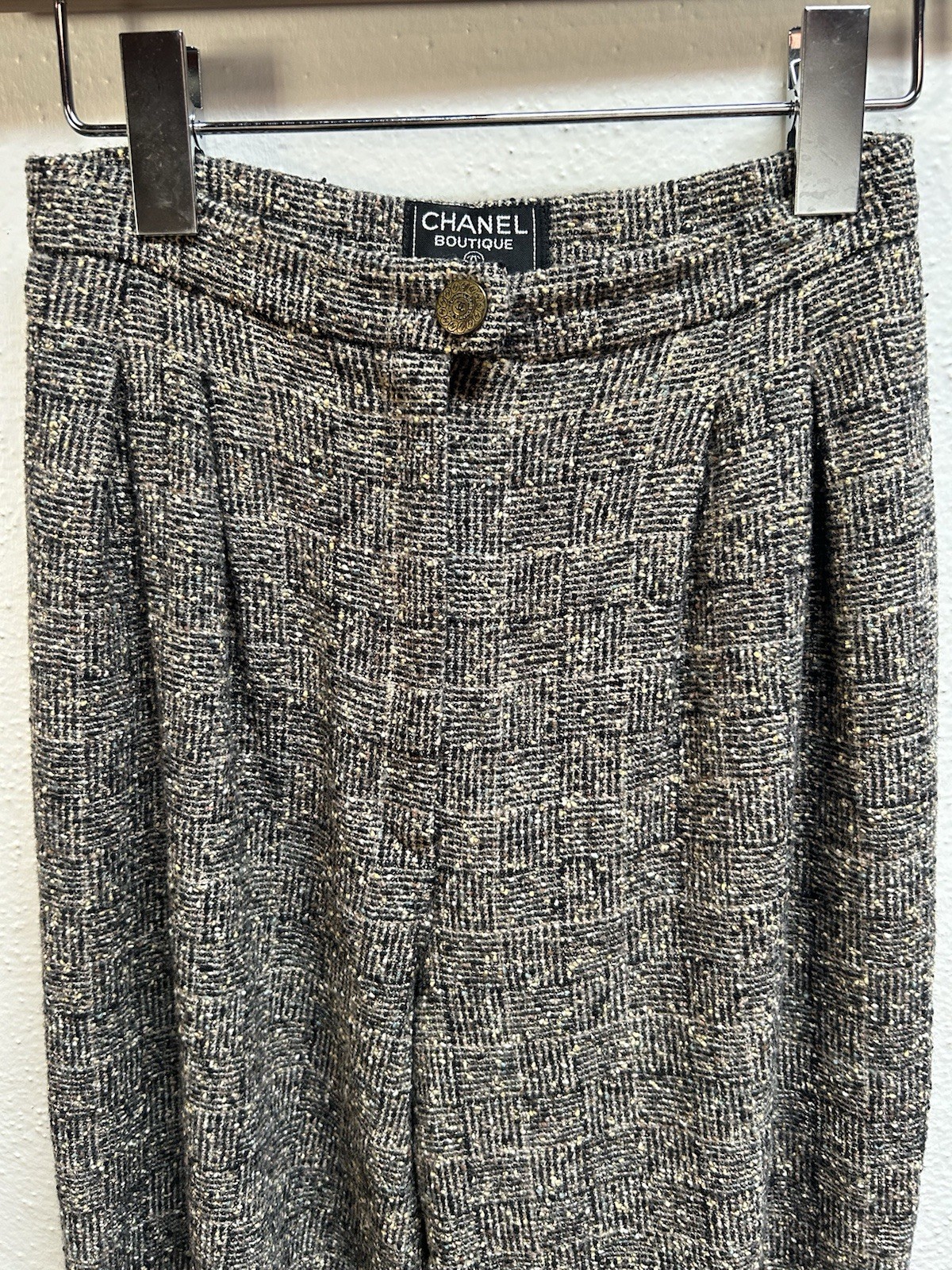 Vintage Chanel Tweed Wide Leg Trousers Wool Blend Silk Lining