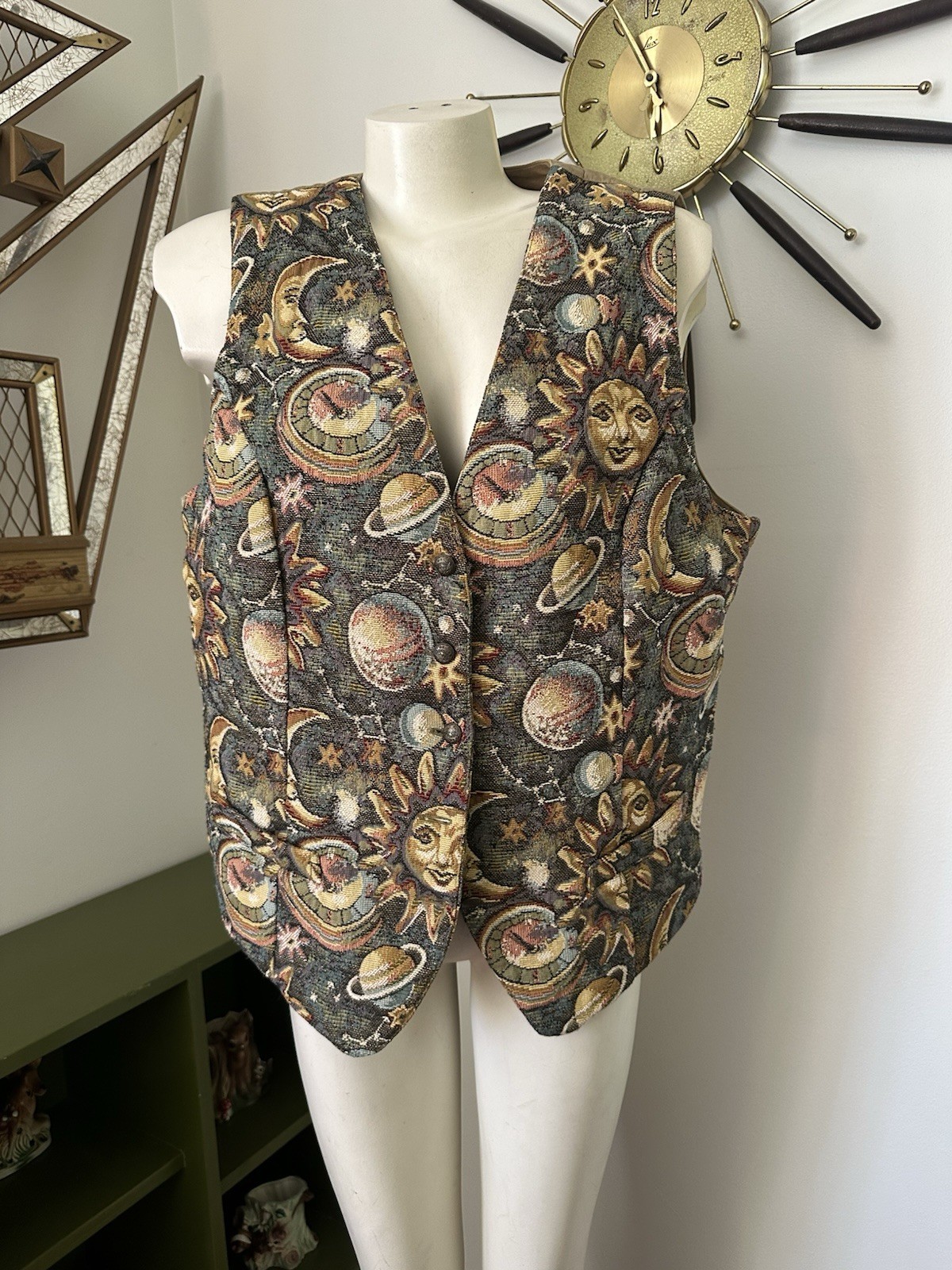 Vintage 90s Celestial Sun Moon Stars Tapestry Vest XL 1X Rare HTF Karen Scott II